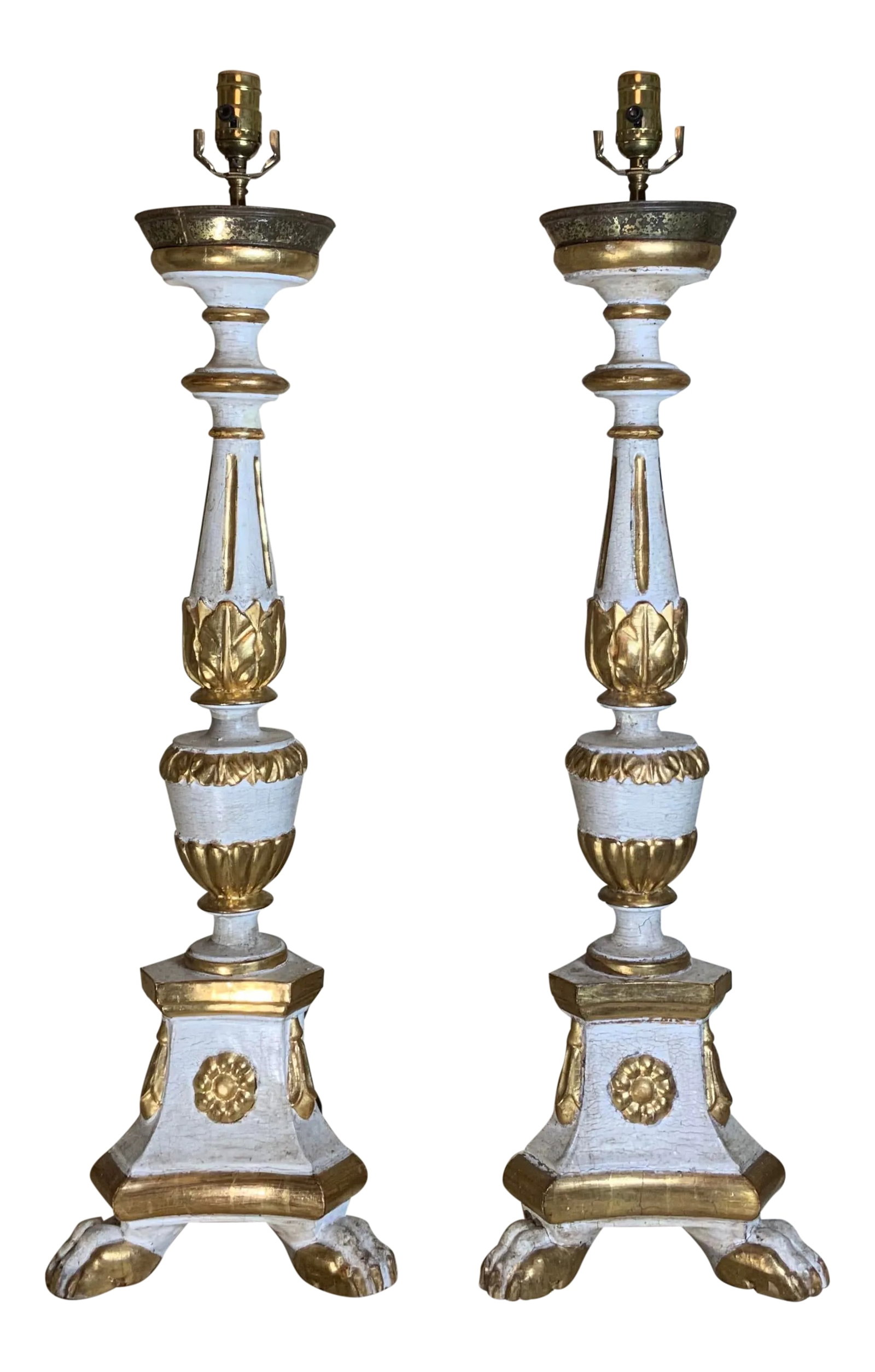 Antique Neoclassical Italian Carved Gold Giltwood Candlestick Table Lamps - a Pair: Pair of vintage Italian neoclassical style carved gold giltwood candlesticks converted to beautiful table lamps, features white cream gesso and gold gilt polychrome finish, solid carved wood, two