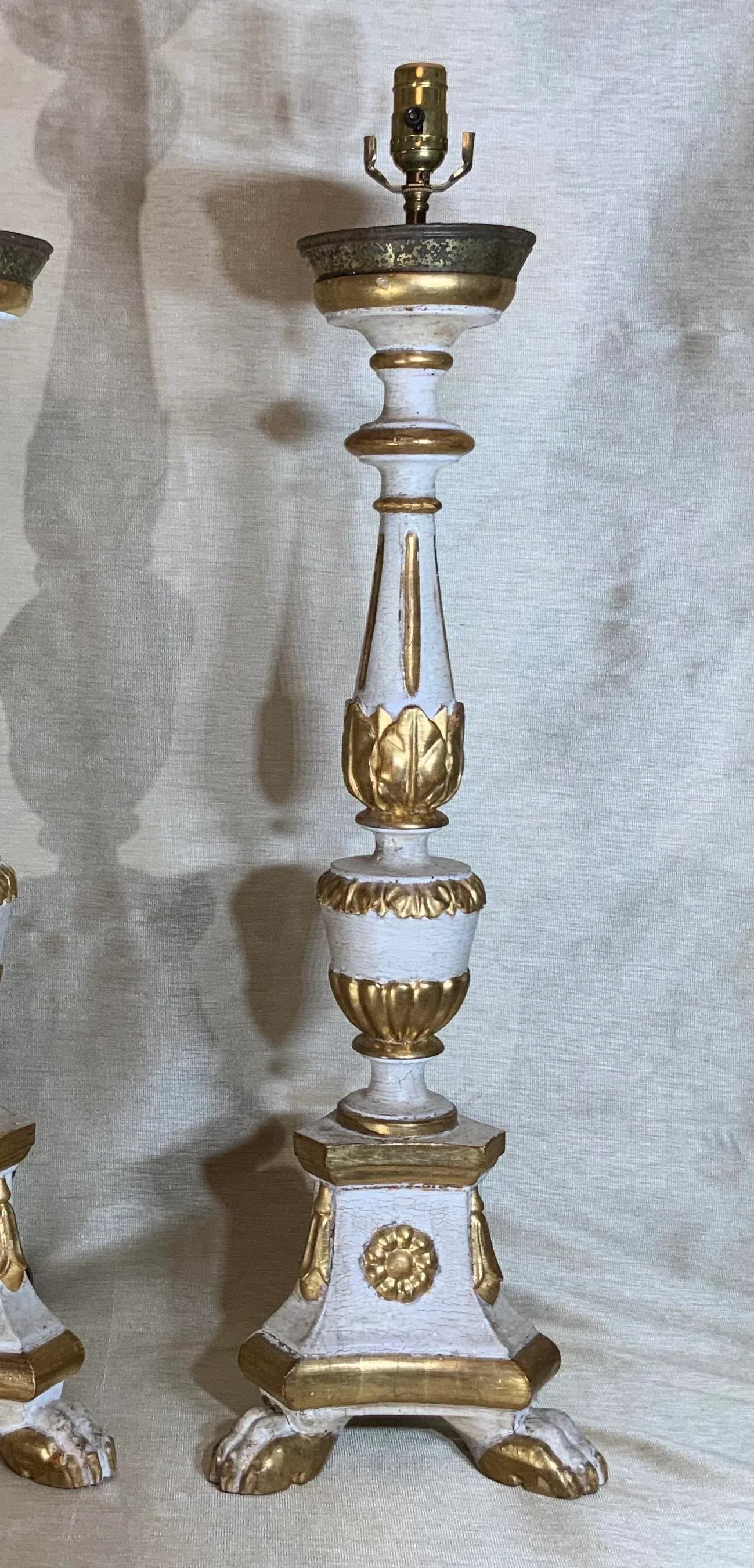 Antique Neoclassical Italian Carved Gold Giltwood Candlestick Table Lamps - a Pair - 2