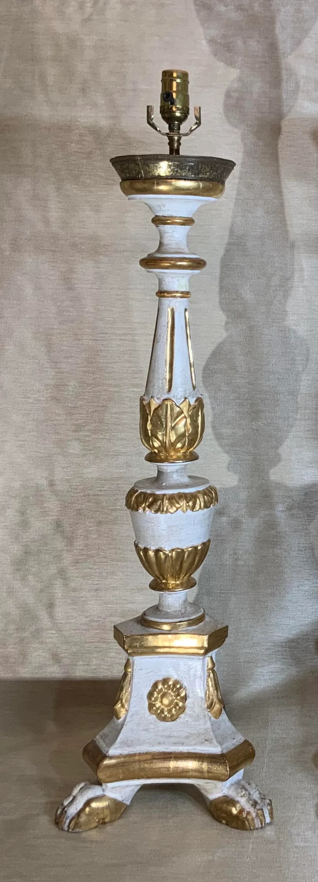 Antique Neoclassical Italian Carved Gold Giltwood Candlestick Table Lamps - a Pair - 3