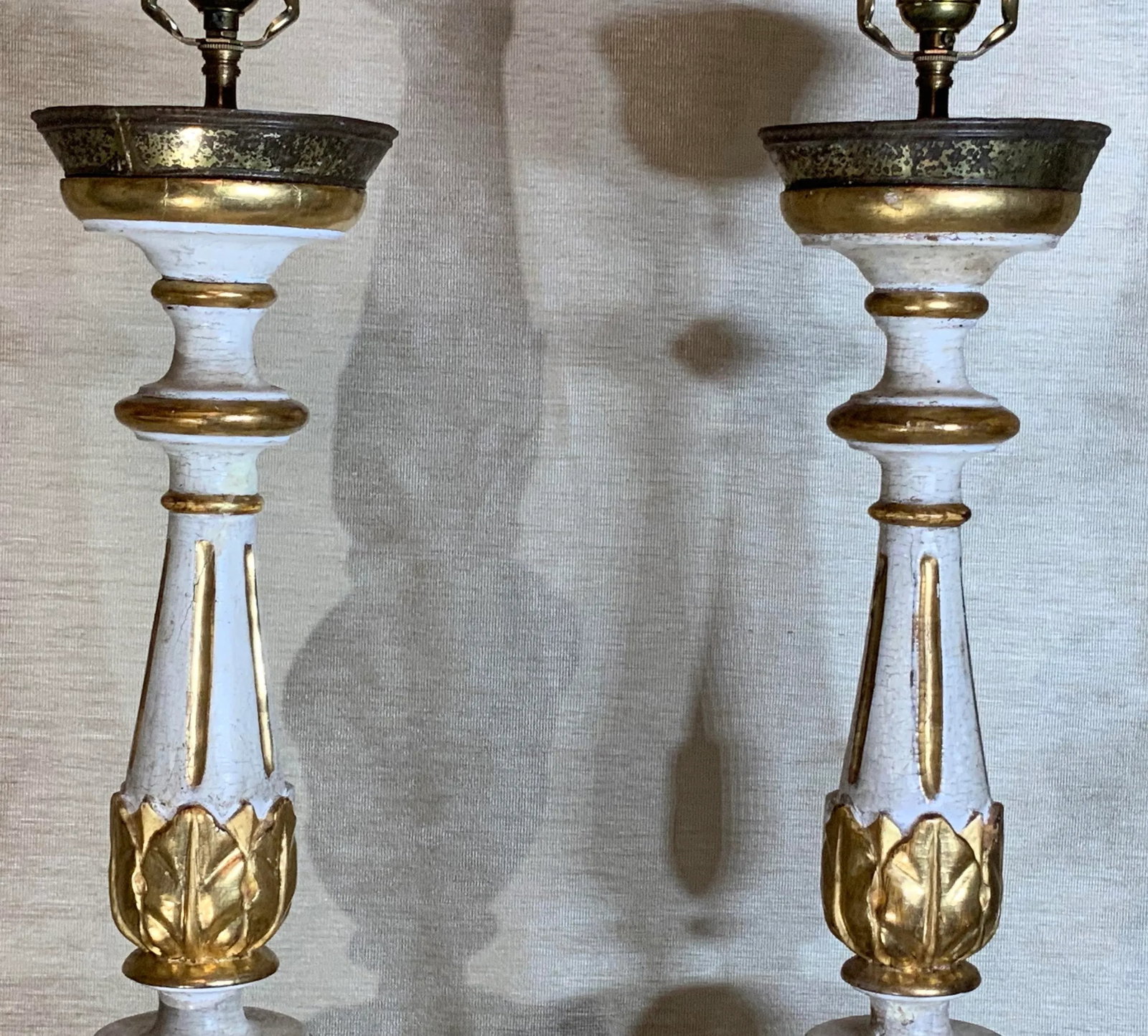 Antique Neoclassical Italian Carved Gold Giltwood Candlestick Table Lamps - a Pair - 4