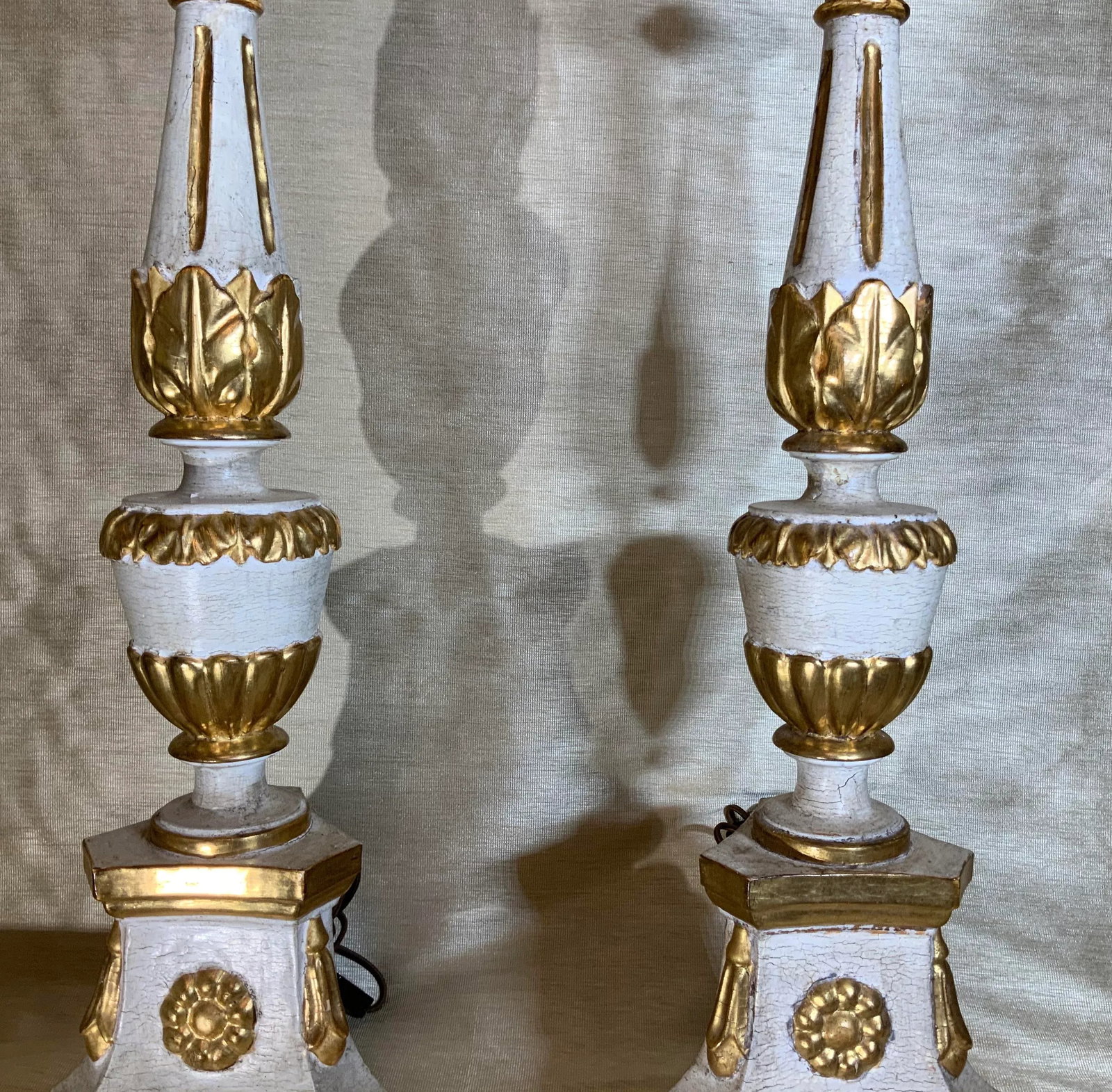 Antique Neoclassical Italian Carved Gold Giltwood Candlestick Table Lamps - a Pair - 5