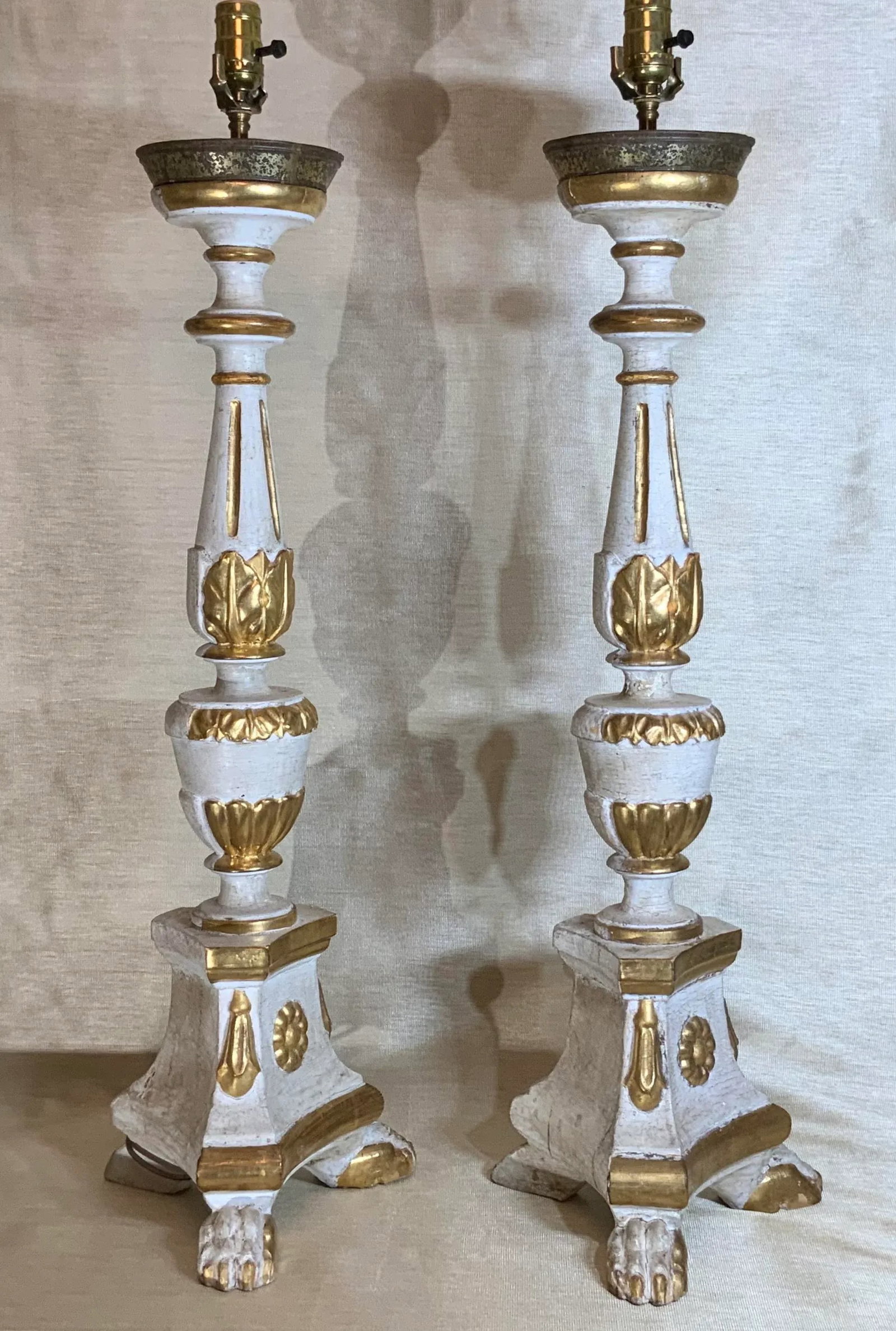 Antique Neoclassical Italian Carved Gold Giltwood Candlestick Table Lamps - a Pair - 6