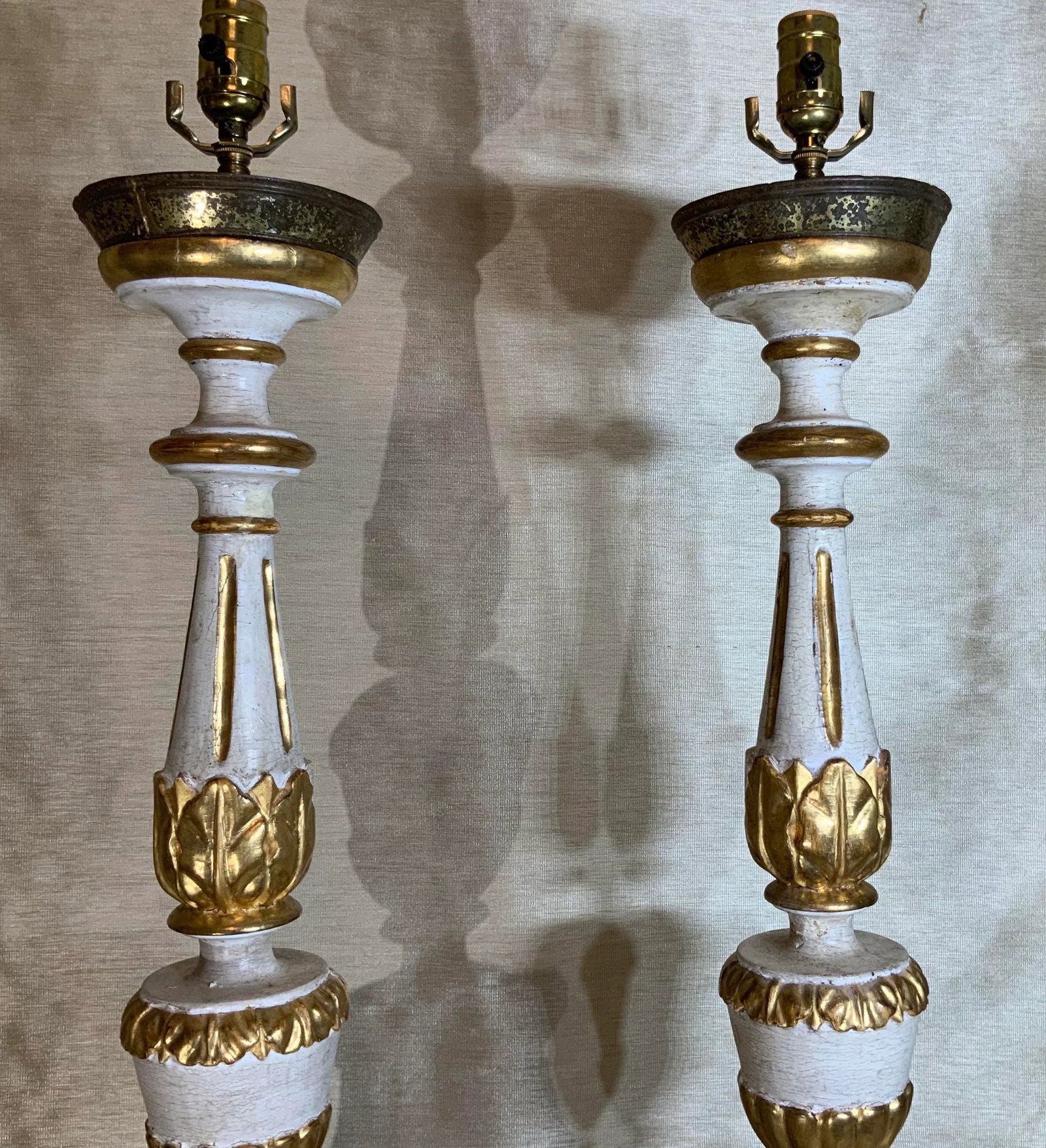 Antique Neoclassical Italian Carved Gold Giltwood Candlestick Table Lamps - a Pair - 7