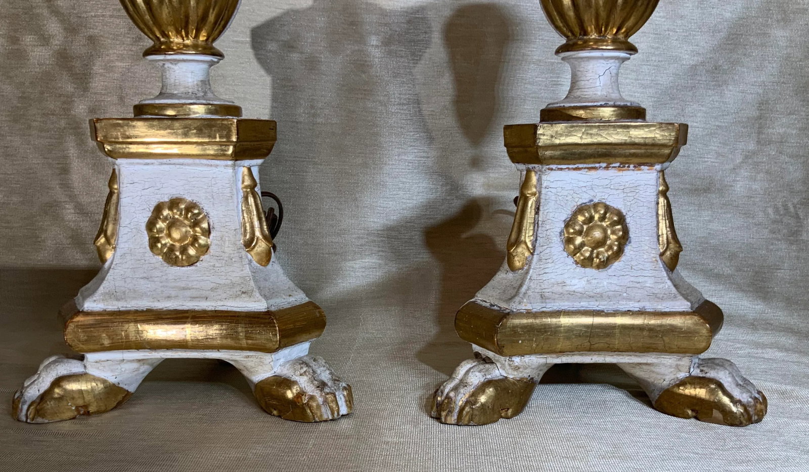 Antique Neoclassical Italian Carved Gold Giltwood Candlestick Table Lamps - a Pair - 8
