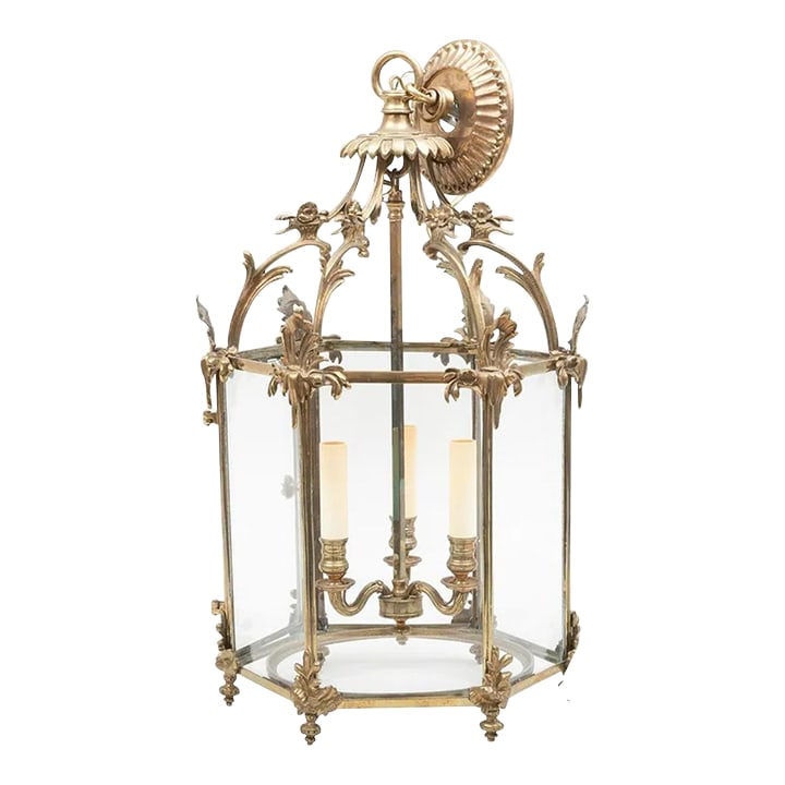 Late 19th Century Louis XV Style Gilt-Bronze Three-Light Hall: Small Louis XV Style Gilt-Bronze Three-Light Hall Lantern Fitted with one door. 21 1/2 x 13 x 13 in. Condition: Alterations: Original Condition Unaltered Imperfections: Needs Restoration Condition