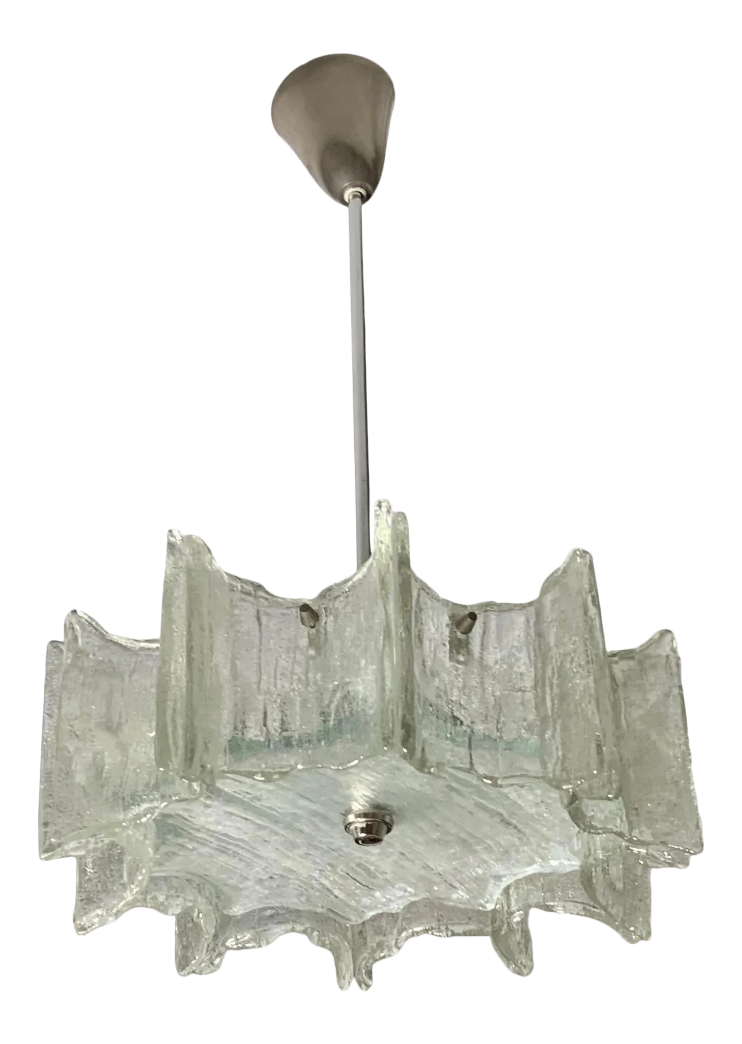 Vintage 1960s Texture Glass Chandelier: Beautiful vintage chandelier made in Austria and curved texture glass plates with star like glass bottom. Chrome hardware. Four 60/watt lights, electrified and ready to hang. Each plate size is: