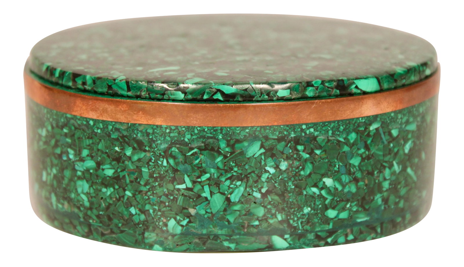 Large Vintage Genuine Malachite Box: A stunning vintage genuine malachite oval shaped box with a superb copper band around the upper perimeter. This box was created by village artists in Zambia. Condition: Alterations: Original Condition
