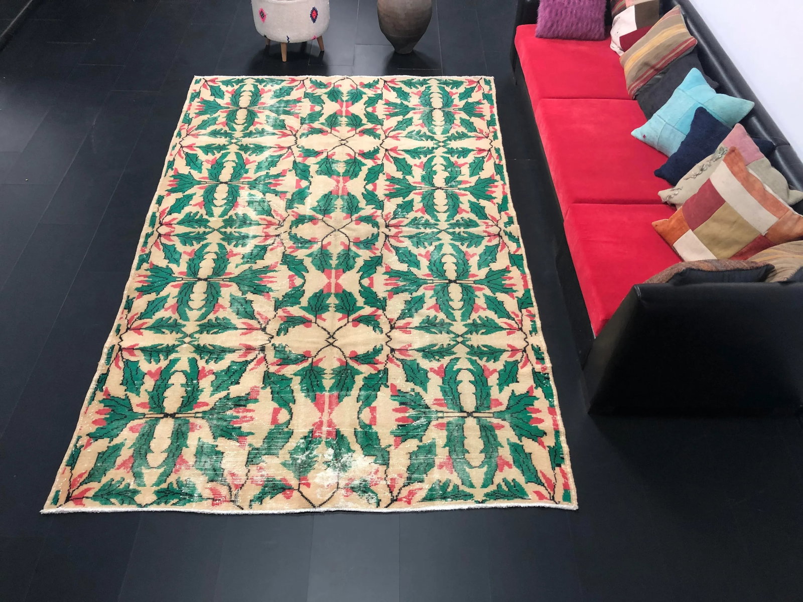 Vintage Christmas Turkish Handmade Beige and Green Rug - 11