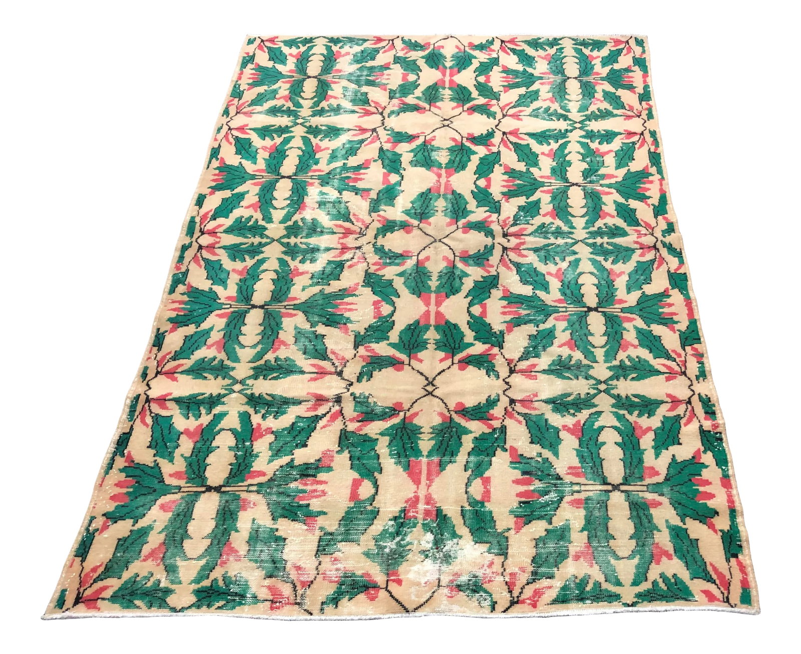 Vintage Christmas Turkish Handmade Beige and Green Rug: Handmade wool and cotton rug in Turkish Anatolia Carpet, Vintage Oushak Rug, Turkish Vintage Anatolian Rug, Handmade wool Rug . One Of Kind Vintage Rug with perfect design and colors. Condition: