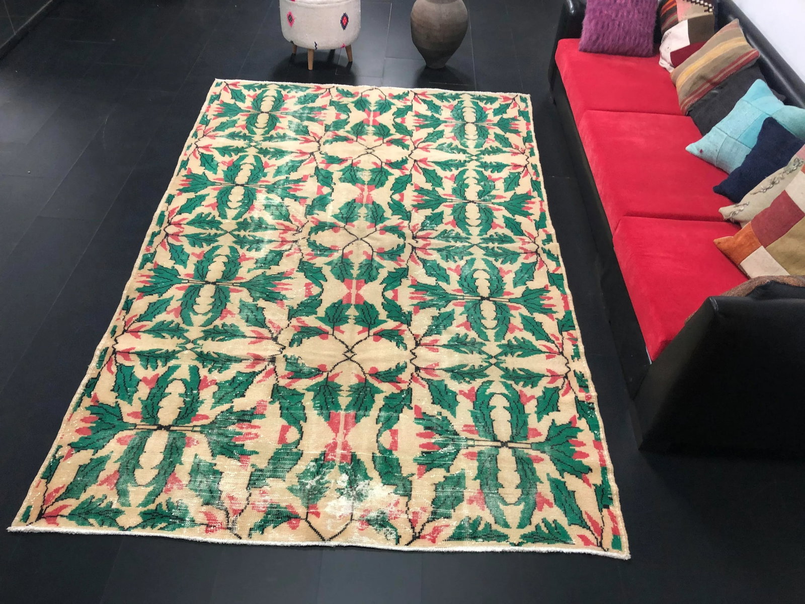 Vintage Christmas Turkish Handmade Beige and Green Rug - 2