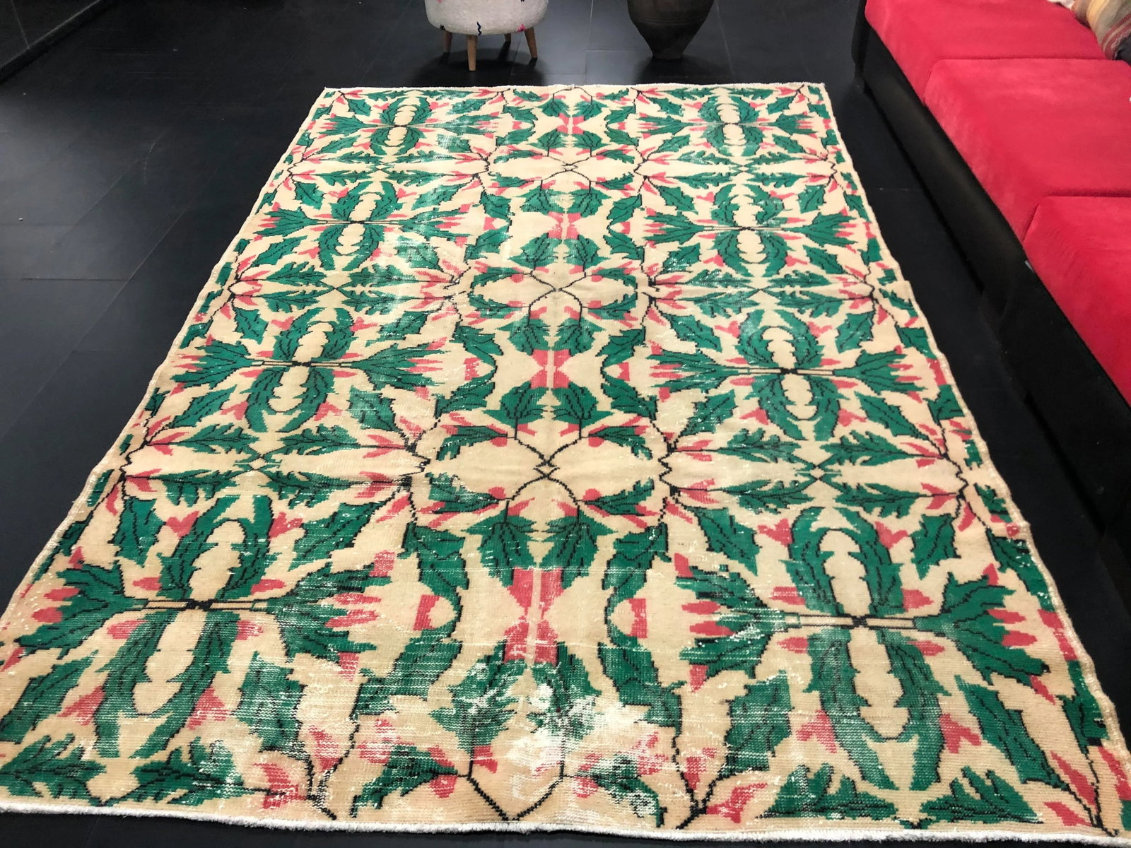 Vintage Christmas Turkish Handmade Beige and Green Rug - 3
