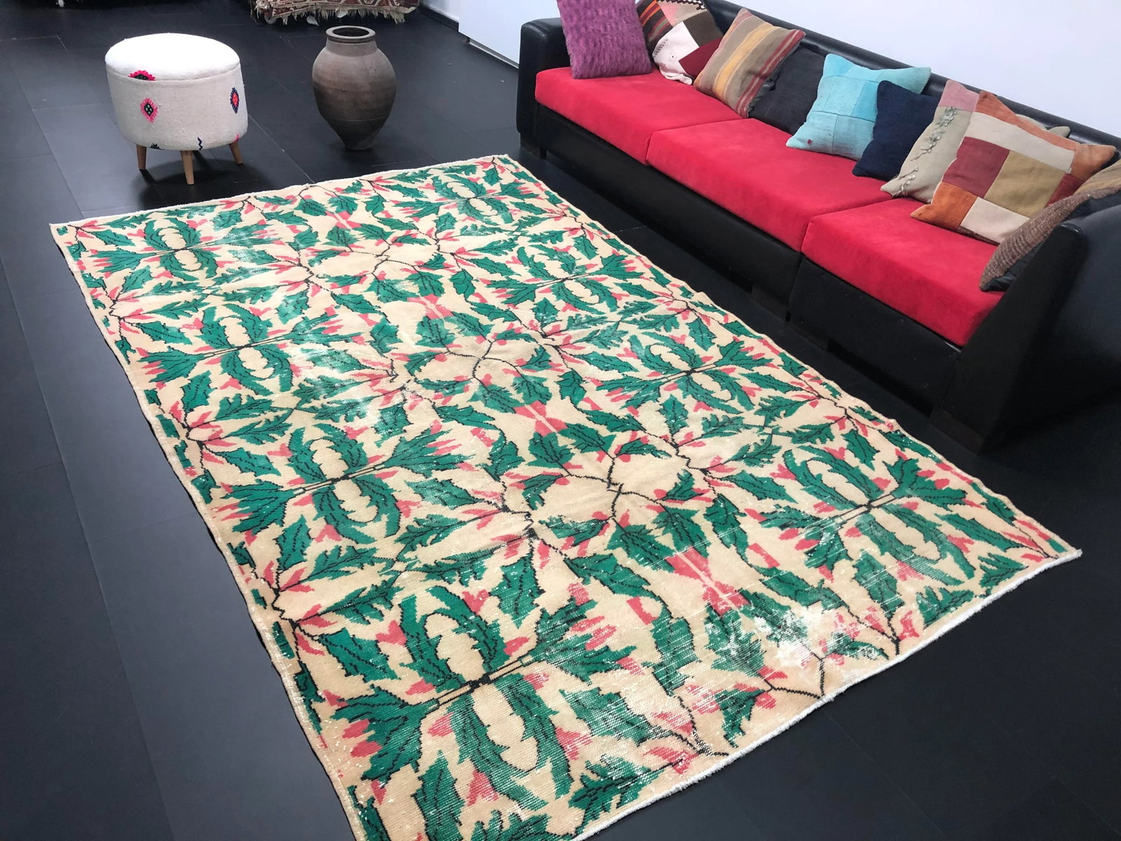 Vintage Christmas Turkish Handmade Beige and Green Rug - 4