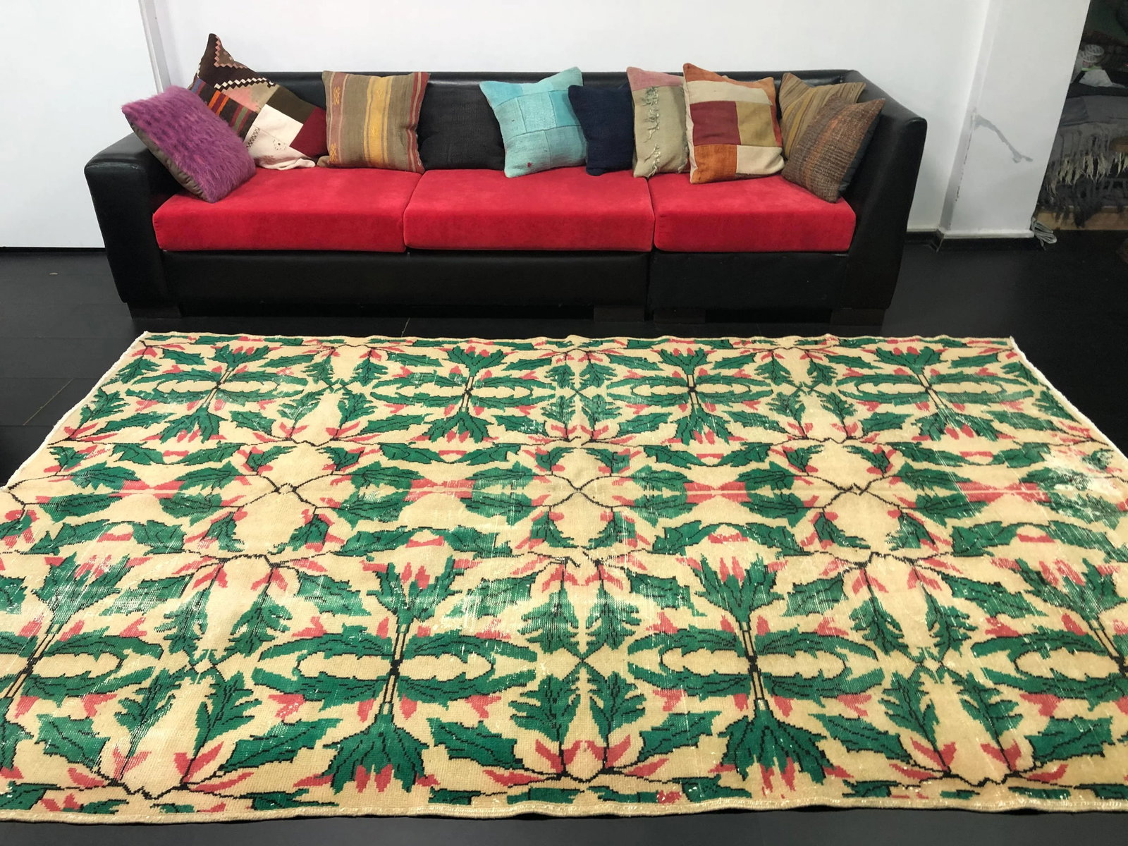 Vintage Christmas Turkish Handmade Beige and Green Rug - 5