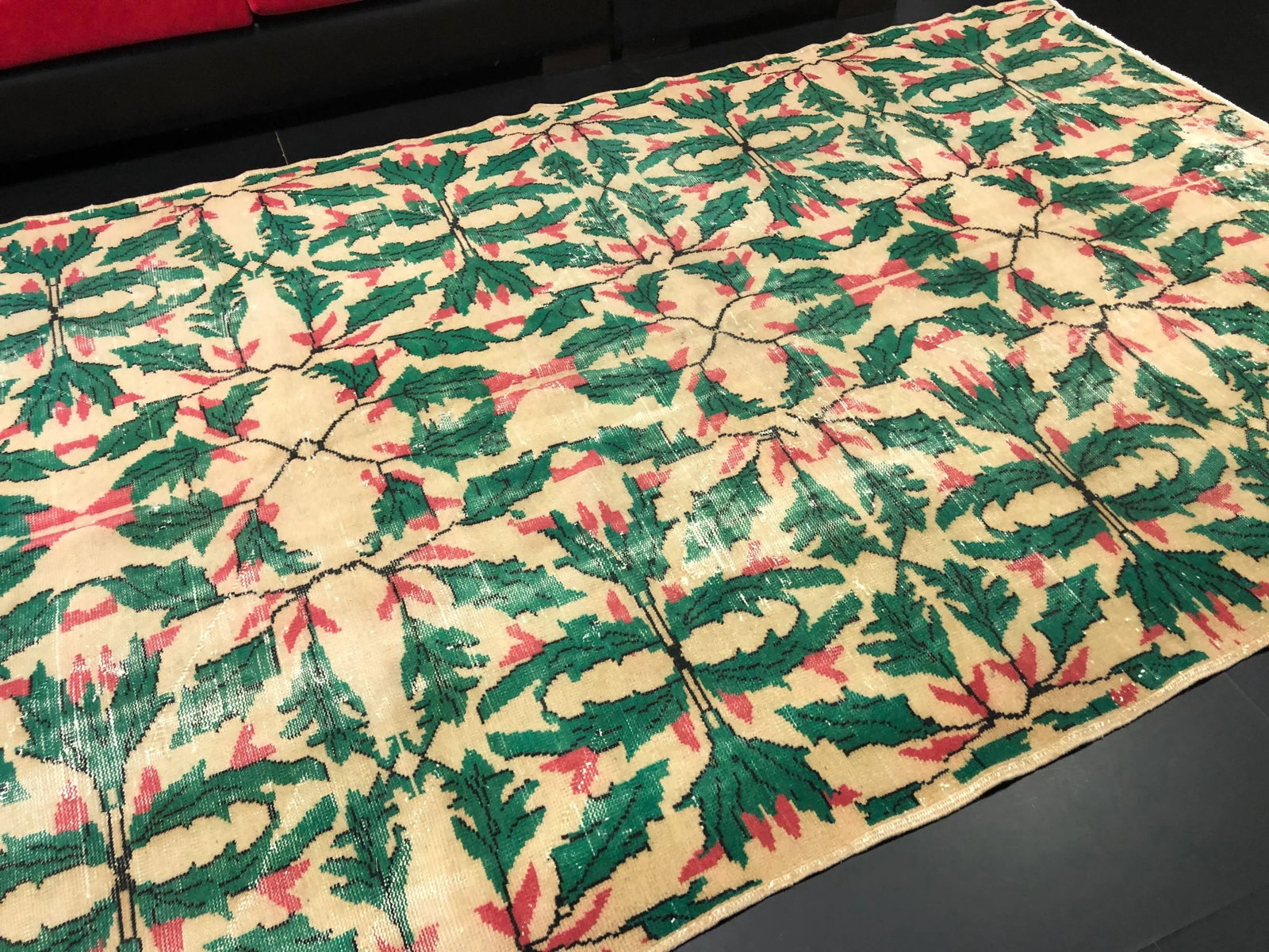 Vintage Christmas Turkish Handmade Beige and Green Rug - 7