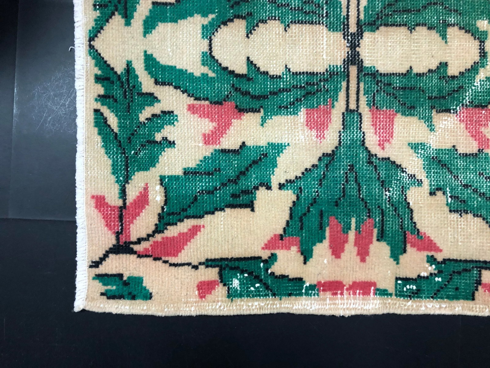Vintage Christmas Turkish Handmade Beige and Green Rug - 9