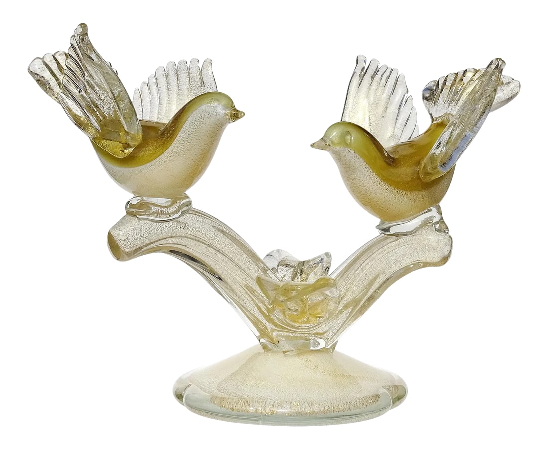 Vintage Barbini Murano White Olive Green Gold Flecks Italian Art Glass Birds Centerpiece Sculpture: Beautiful vintage Murano hand blown white, olive green and gold flecks Italian art glass birds on branch sculpture. Documented to designer Alfredo Barbini, circa 1950s. The sculpture is published in
