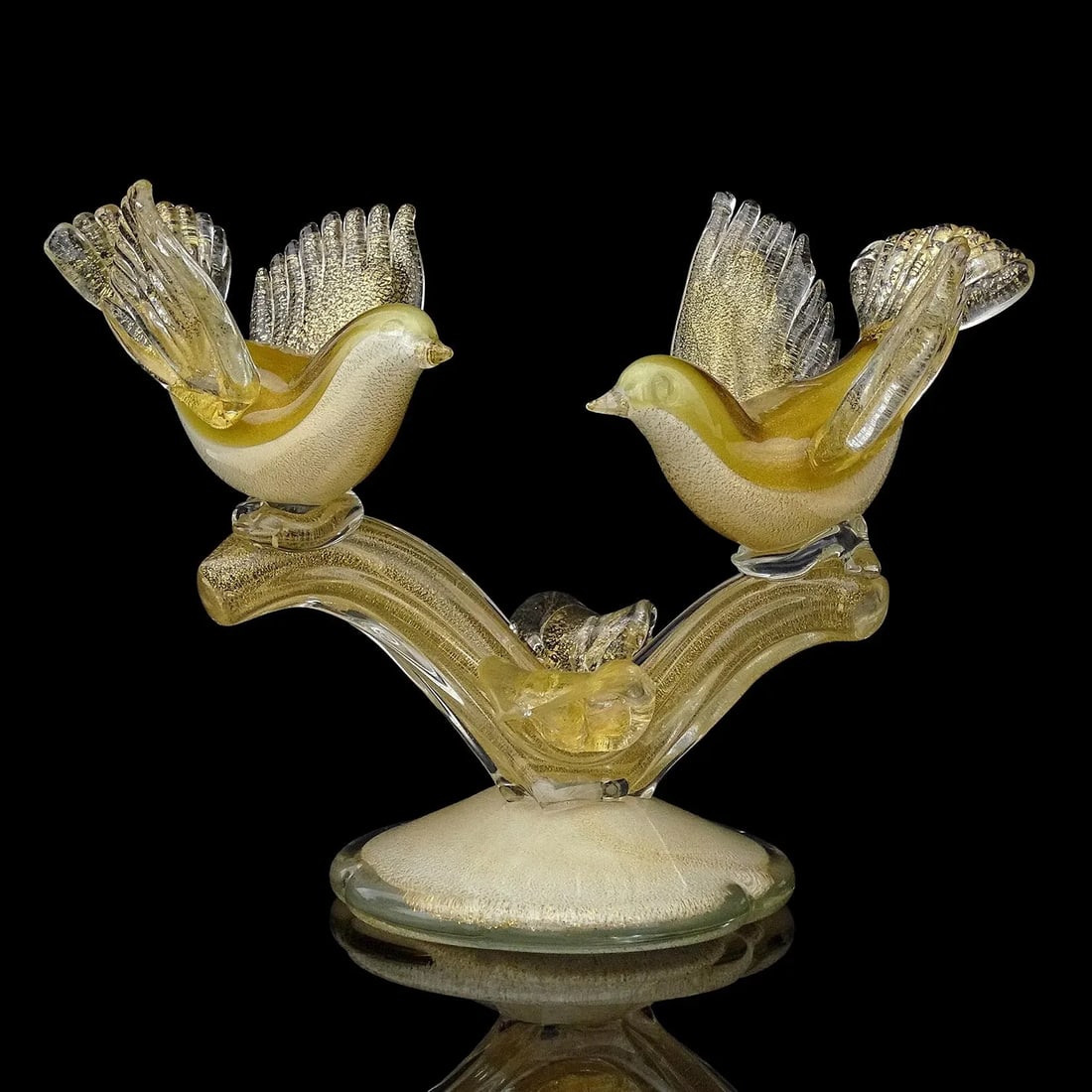 Vintage Barbini Murano White Olive Green Gold Flecks Italian Art Glass Birds Centerpiece Sculpture - 2