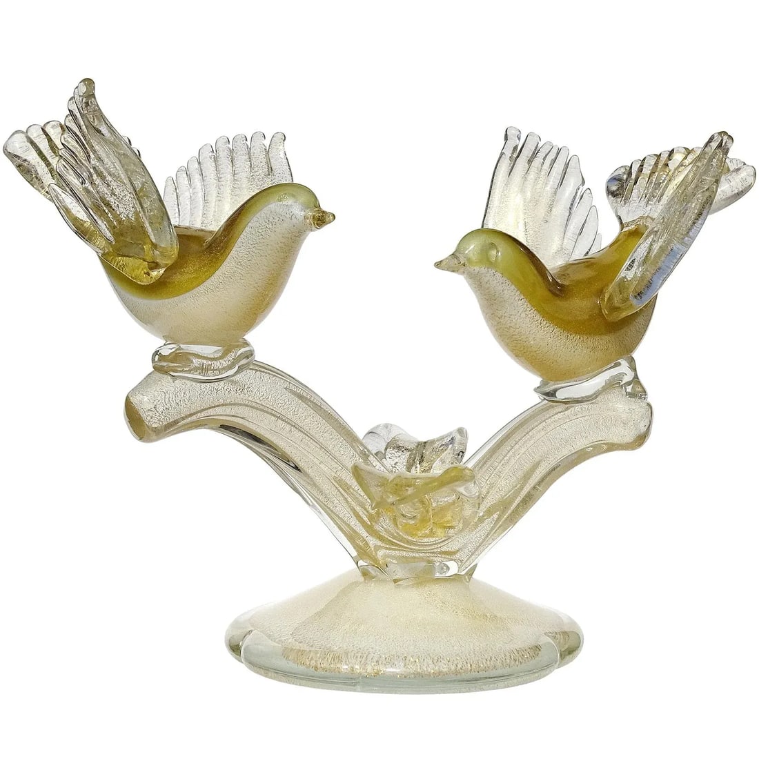 Vintage Barbini Murano White Olive Green Gold Flecks Italian Art Glass Birds Centerpiece Sculpture - 8