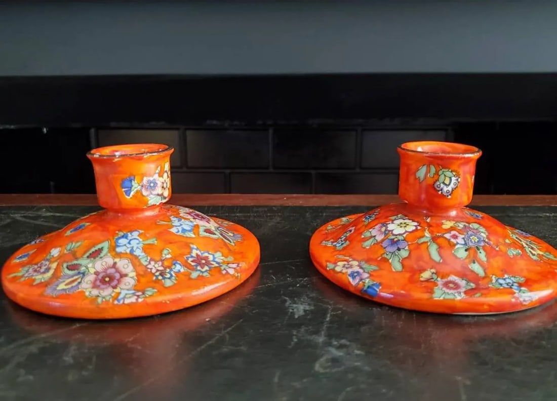 Bohemian Handmade Glazed Porcelain Antique Boho Chic Candlestick Candle Holder Pair - Imported by Ge - 11