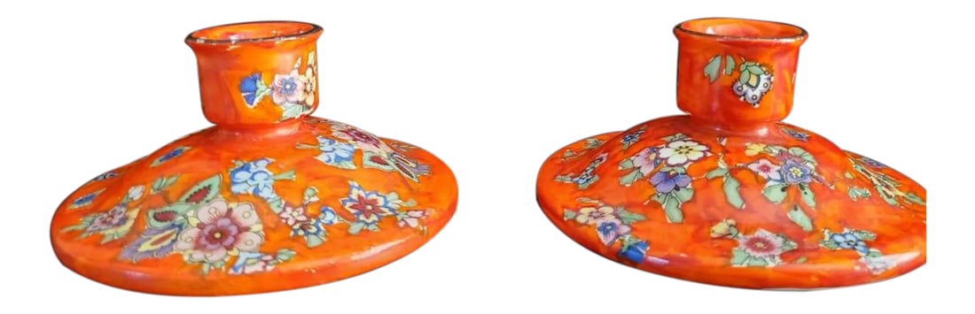Bohemian Handmade Glazed Porcelain Antique Boho Chic Candlestick Candle Holder Pair - Imported by Ge: A most charming pair of handmade Bohemian artisan-crafted polychrome decorated ceramic pottery candlesticks imported by George Borgfeldt & Co. Hand-crafted in the early 20th century, Czech Republic