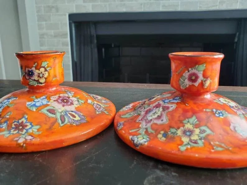 Bohemian Handmade Glazed Porcelain Antique Boho Chic Candlestick Candle Holder Pair - Imported by Ge - 8