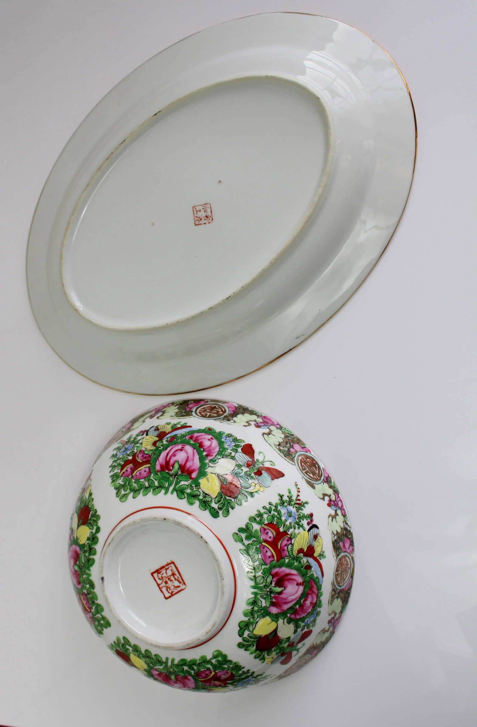 Vintage Large Chinese Famille Rose Medallions Set Salad Bowl, Oval Platter, Tea Cups & Saucers, Mini - 10