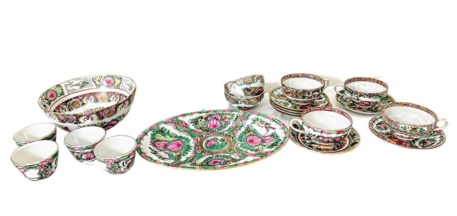 Vintage Large Chinese Famille Rose Medallions Set Salad Bowl, Oval Platter, Tea Cups & Saucers, Mini - 12