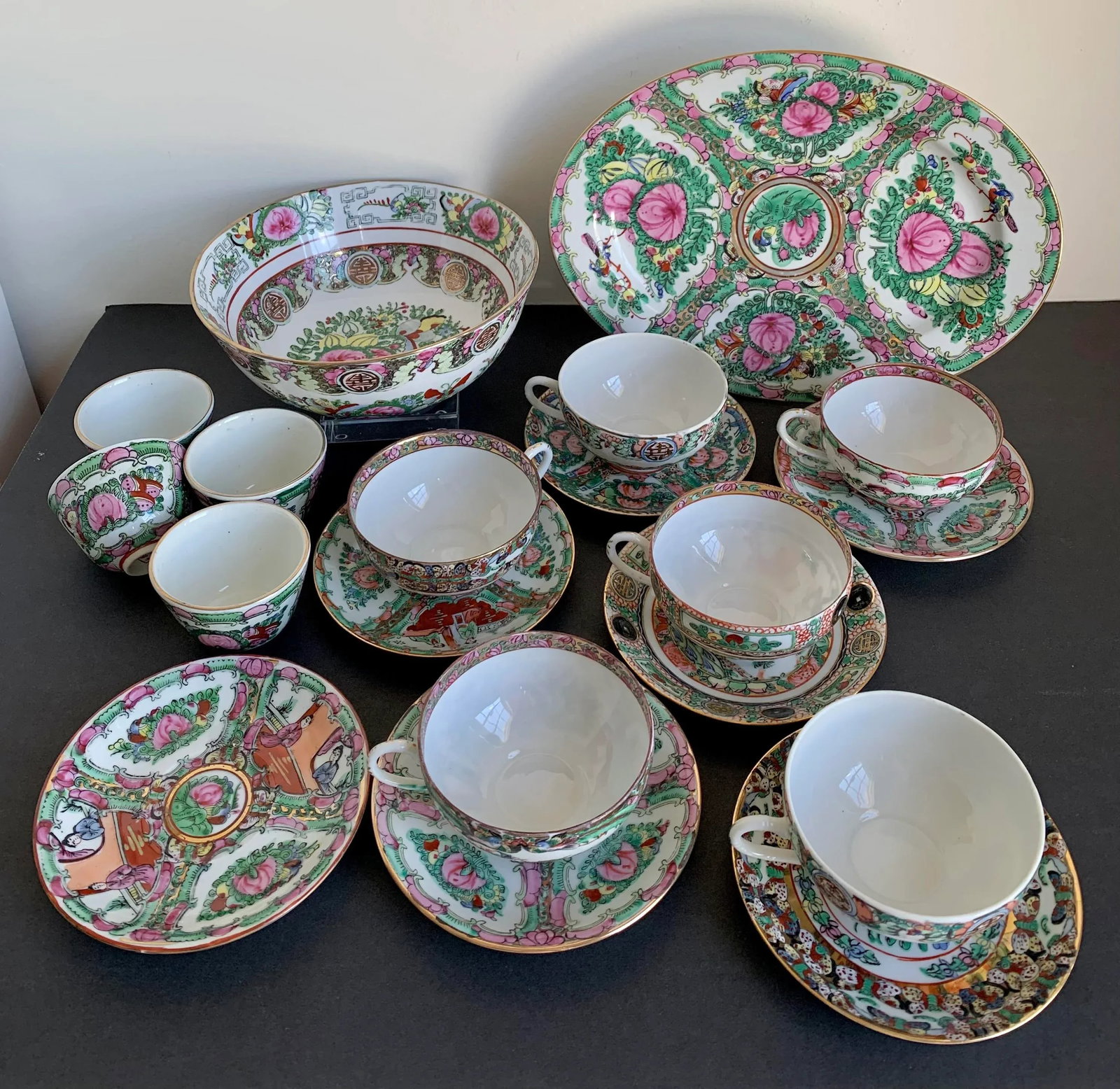 Vintage Large Chinese Famille Rose Medallions Set Salad Bowl, Oval Platter, Tea Cups & Saucers, Mini - 13