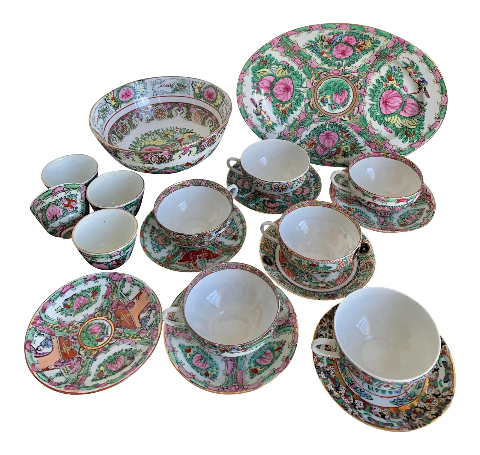 Vintage Large Chinese Famille Rose Medallions Set Salad Bowl, Oval Platter, Tea Cups & Saucers, Mini: Fabulous large set of Vintage Chinoiserie Asian porcelain set - famille rose medallion -, white porcelain gilt, hand painted, various origins and periods, see markings on pictures. This stunning set i