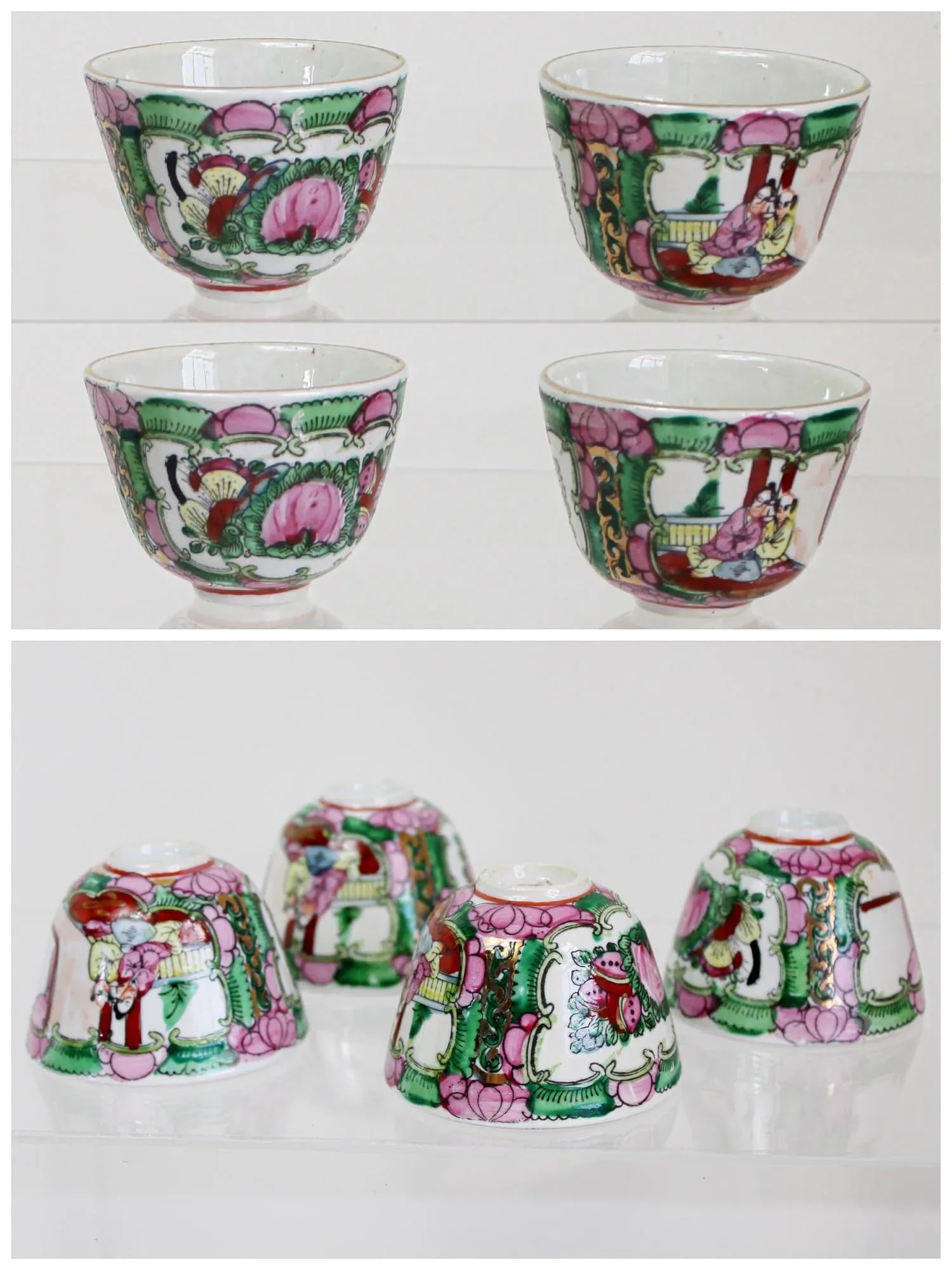 Vintage Large Chinese Famille Rose Medallions Set Salad Bowl, Oval Platter, Tea Cups & Saucers, Mini - 2