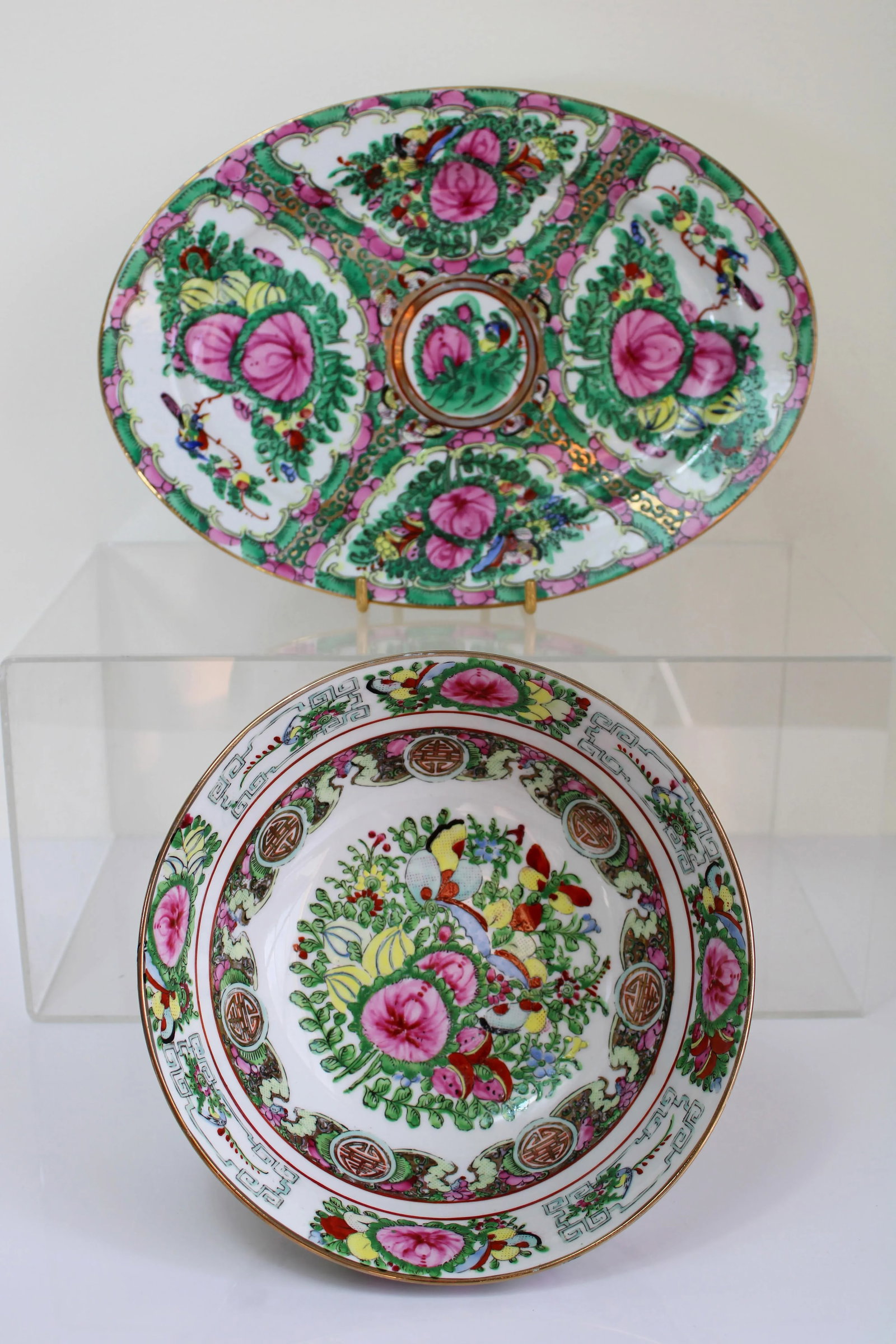 Vintage Large Chinese Famille Rose Medallions Set Salad Bowl, Oval Platter, Tea Cups & Saucers, Mini - 3