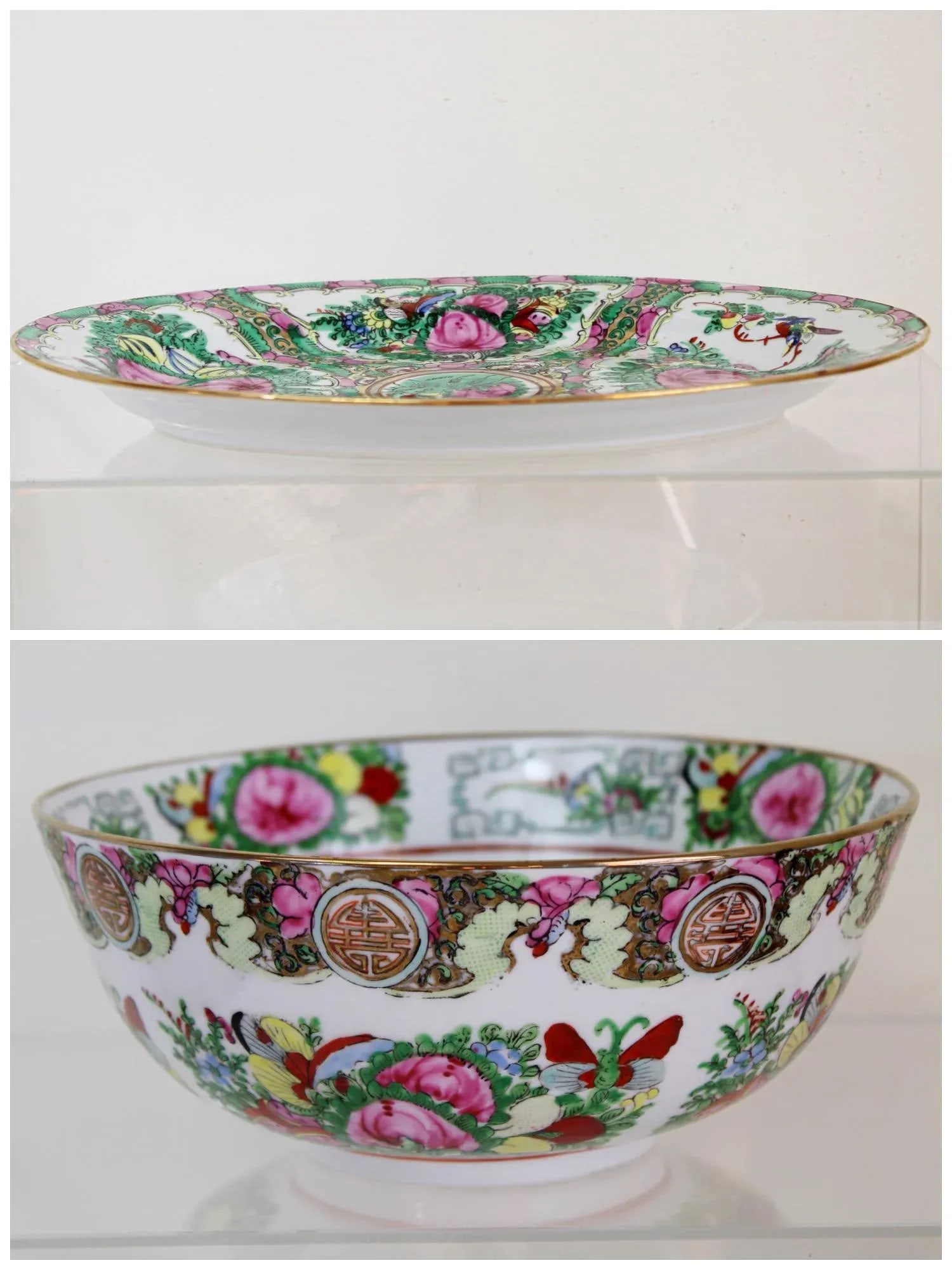 Vintage Large Chinese Famille Rose Medallions Set Salad Bowl, Oval Platter, Tea Cups & Saucers, Mini - 4