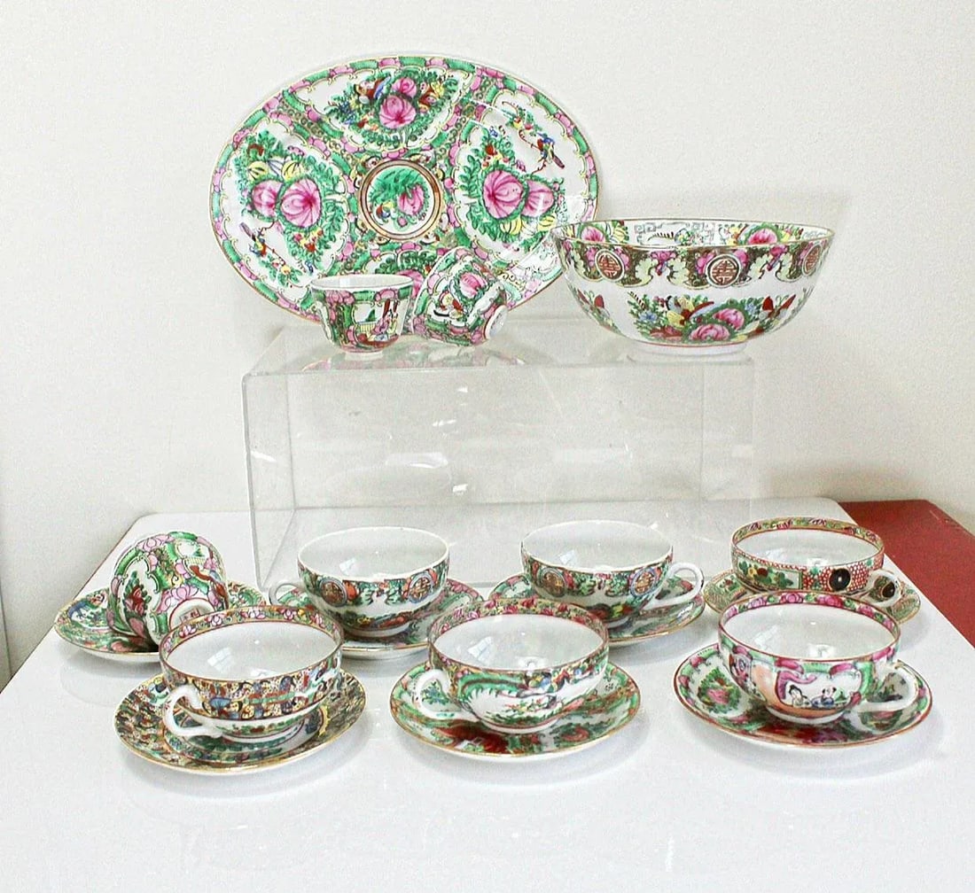 Vintage Large Chinese Famille Rose Medallions Set Salad Bowl, Oval Platter, Tea Cups & Saucers, Mini - 5