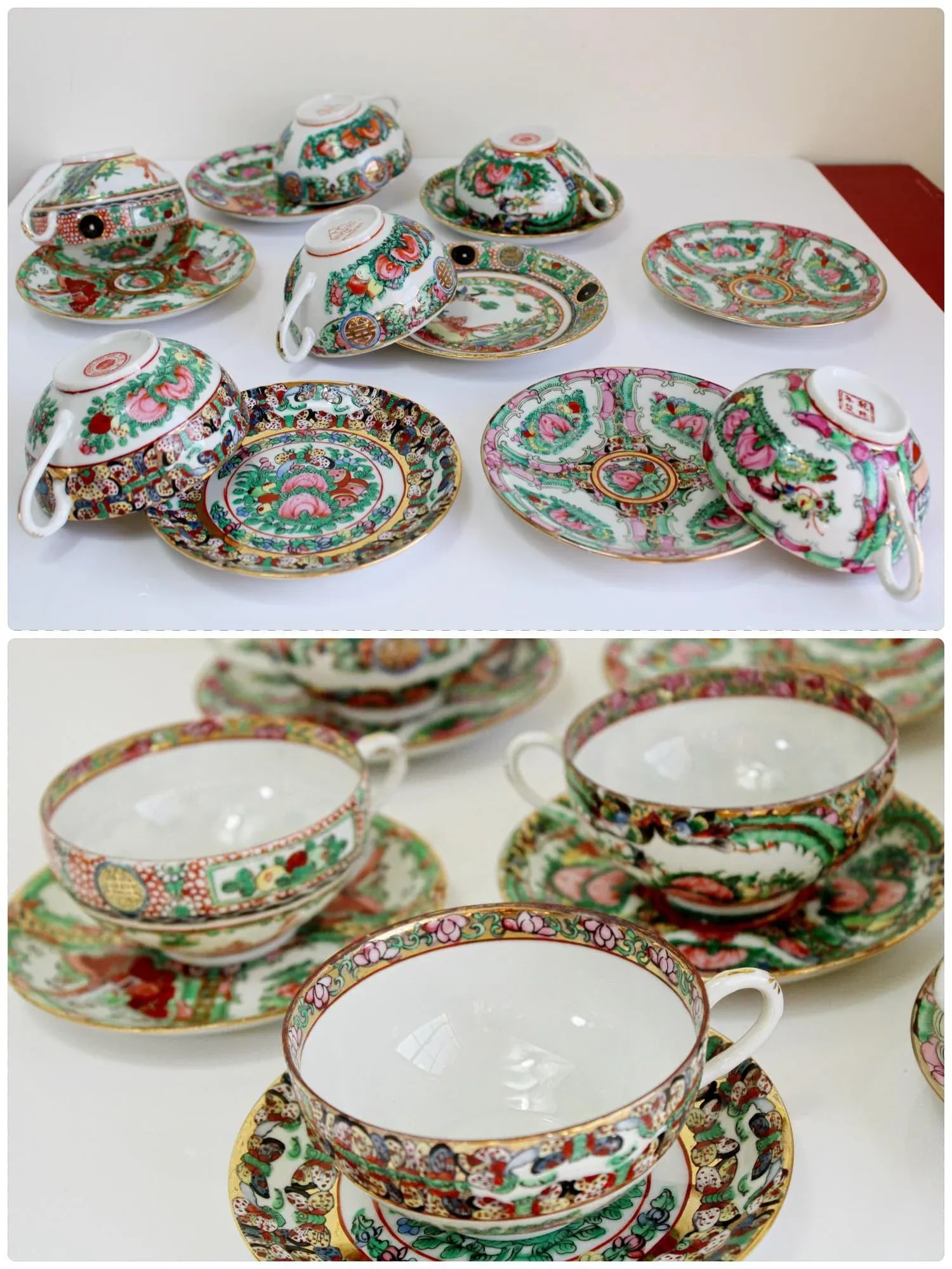 Vintage Large Chinese Famille Rose Medallions Set Salad Bowl, Oval Platter, Tea Cups & Saucers, Mini - 6