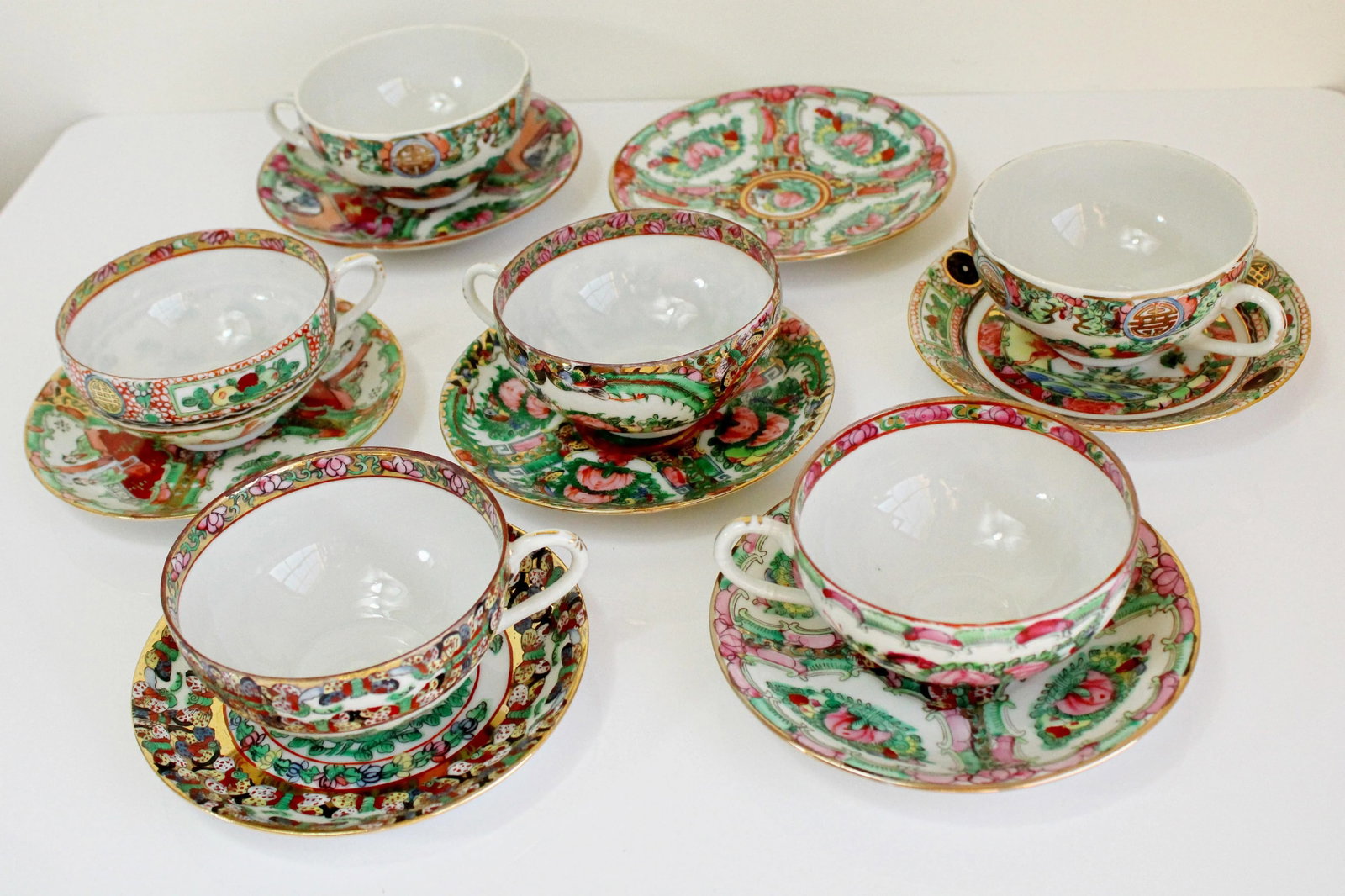 Vintage Large Chinese Famille Rose Medallions Set Salad Bowl, Oval Platter, Tea Cups & Saucers, Mini - 7