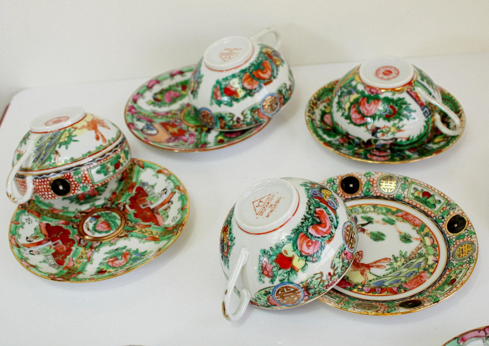 Vintage Large Chinese Famille Rose Medallions Set Salad Bowl, Oval Platter, Tea Cups & Saucers, Mini - 8
