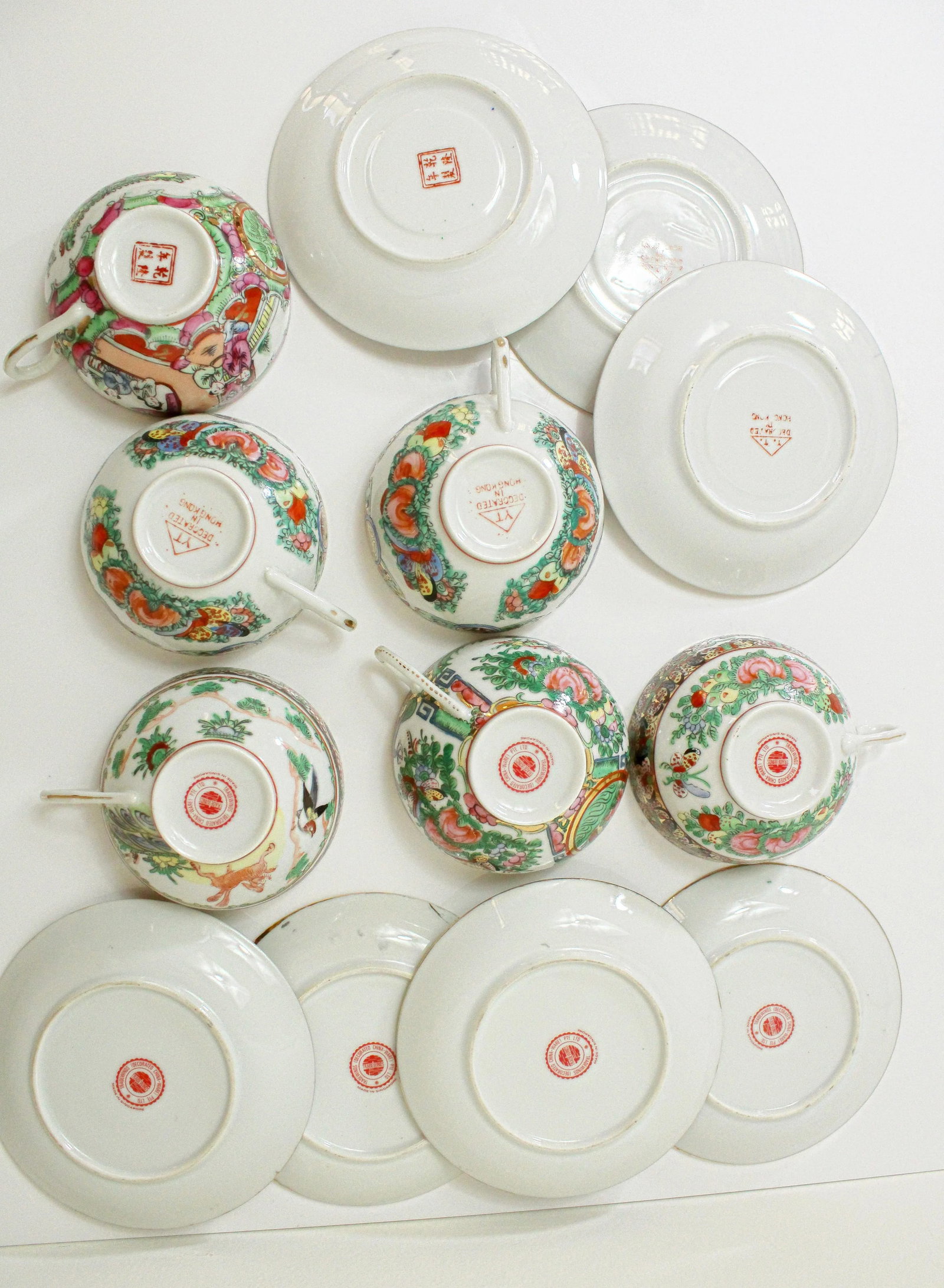 Vintage Large Chinese Famille Rose Medallions Set Salad Bowl, Oval Platter, Tea Cups & Saucers, Mini - 9