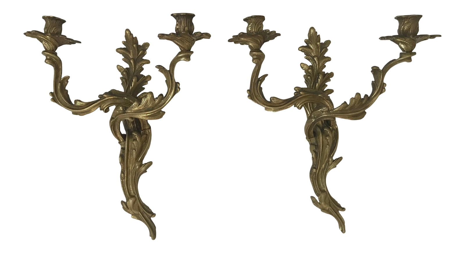 Louis XV Style Glo-Mar Artworks Brass Sconces Candle Holders: Louis XV style gilt brass two-light wall candle sconces by Glo-Mar Artworks, New York. Made in the 1950s, the reverse is stamped with factory marks. Condition: Alterations: Original Condition Unaltere
