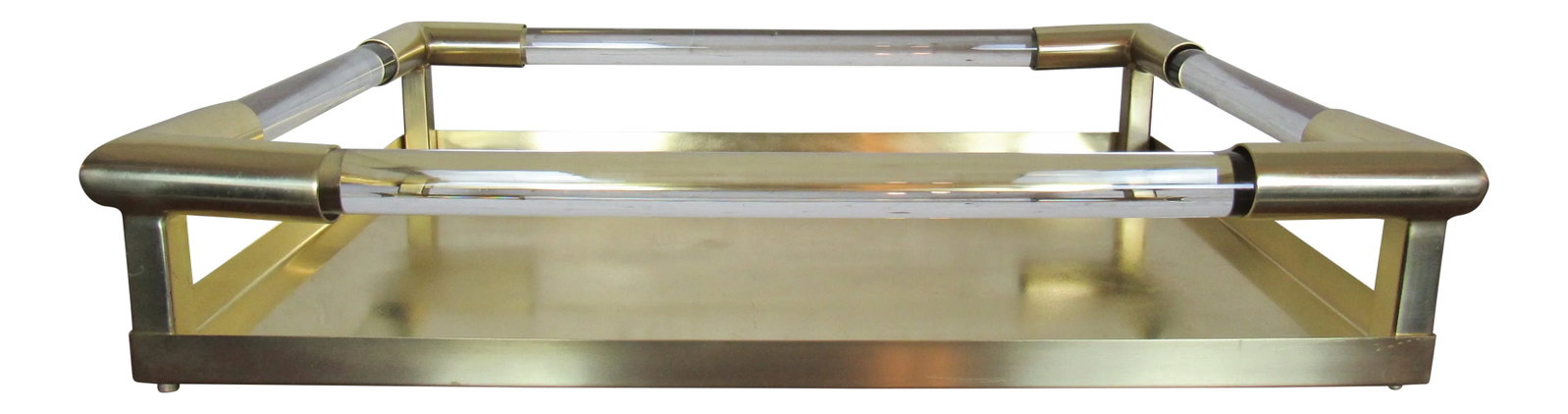 Vintage Brass and Lucite Tray: An incredible tray combining brass and lucite, this Mid-Century Modern accessory is perfect for any bar or kitchen. WEAR Some fading and scuffs that are consistent with age and use, some staining.