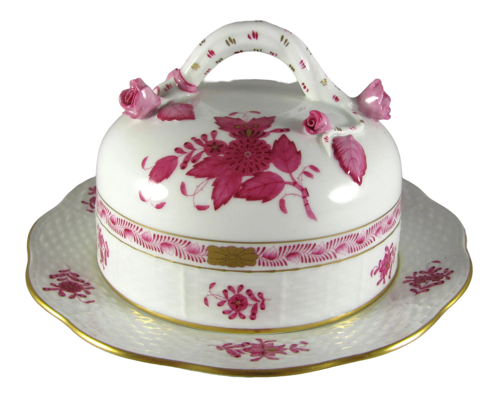7-1/2" Herend Chinese Bouquet Raspberry Round Cheese Dish: Hand painted colors and glossy glaze are vibrant and crisp with little, if any, color loss Two small chips on one rose (pics 3, 4, 5, 6) No other chips nor cracks nor crazing nor staining Discolored