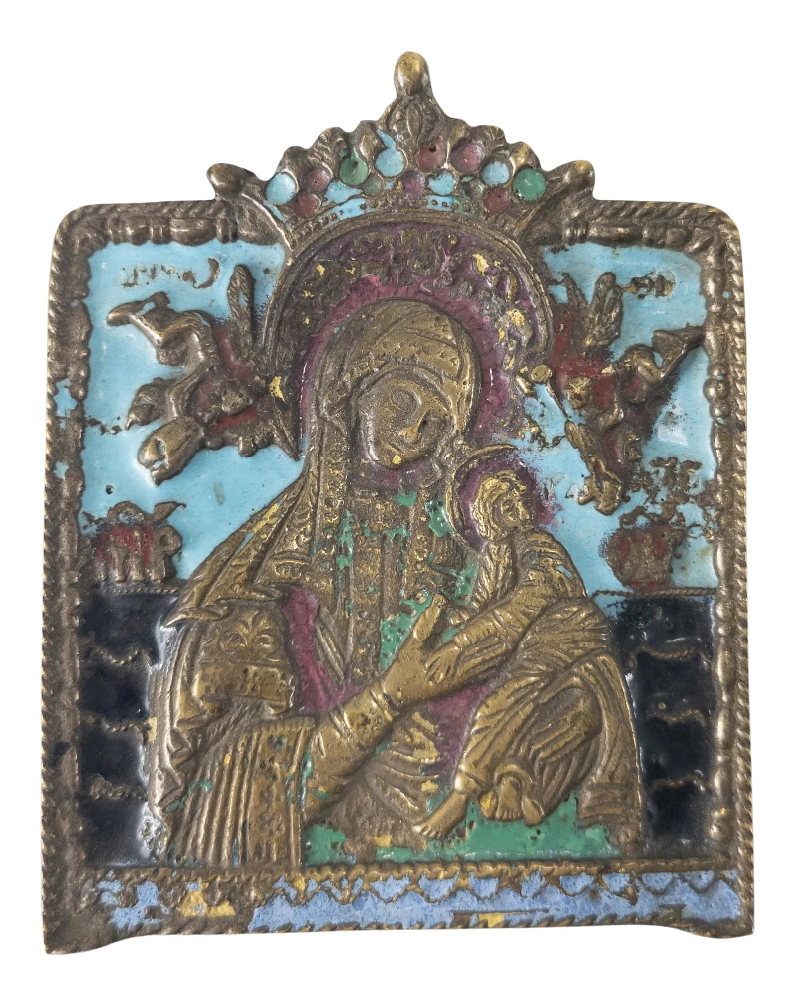 Enameled Russian Bronze Christian Religious Icon: We are selling this very brightly enameled bronze Icon. We believe this icon to be Russian and it features the Madonna and the Child. The bronze appears to have been silver gilt at some point and has