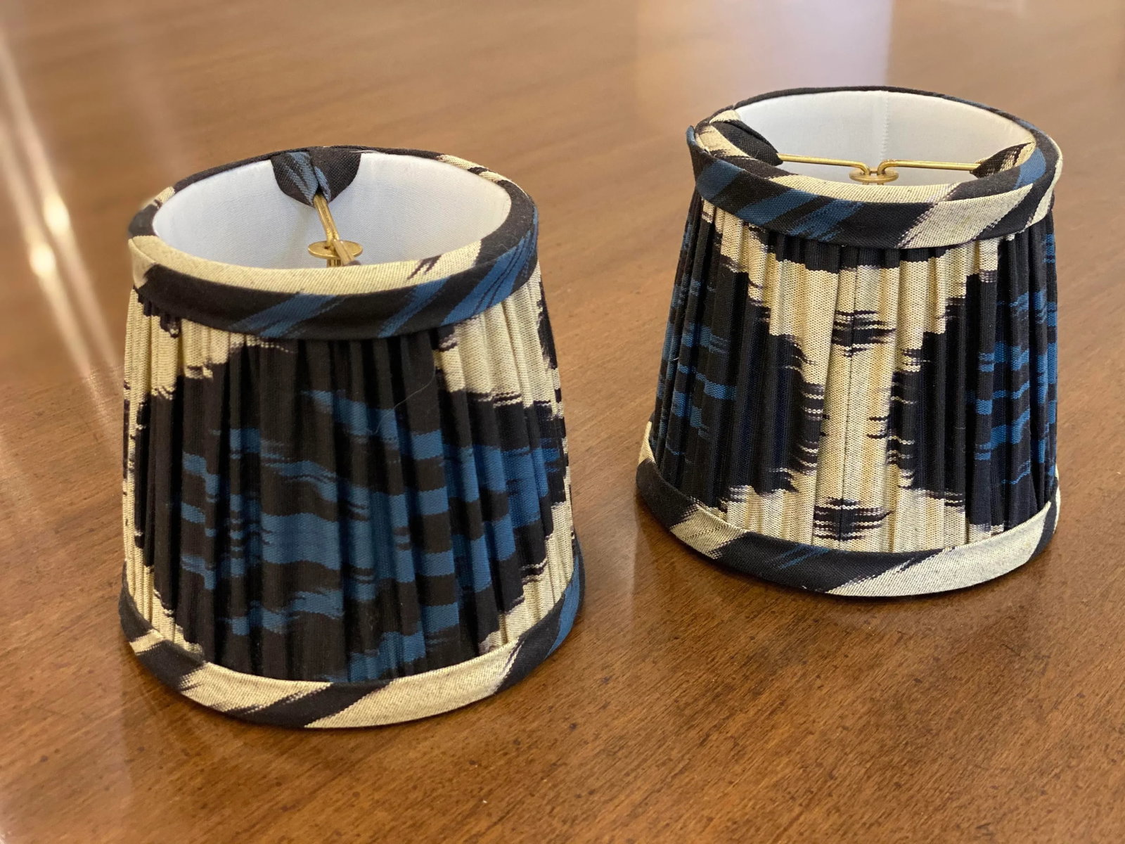 Custom Blue Silk Ikat Abstract Lamp Shades - a Pair - 3