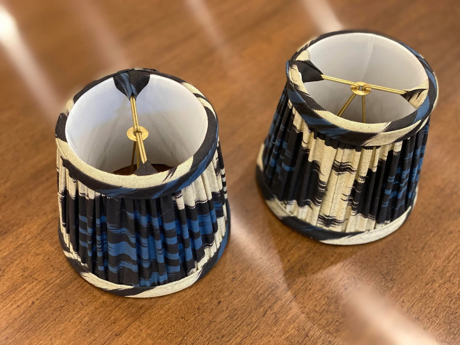 Custom Blue Silk Ikat Abstract Lamp Shades - a Pair - 4