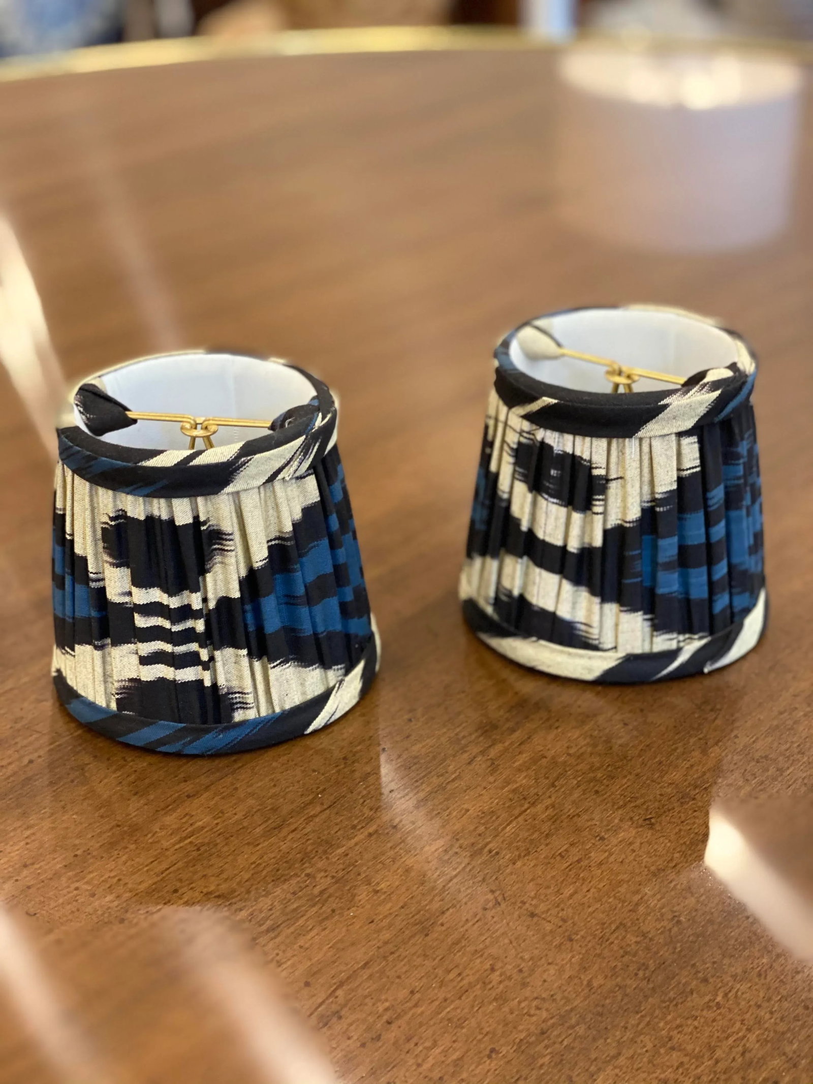 Custom Blue Silk Ikat Abstract Lamp Shades - a Pair - 5