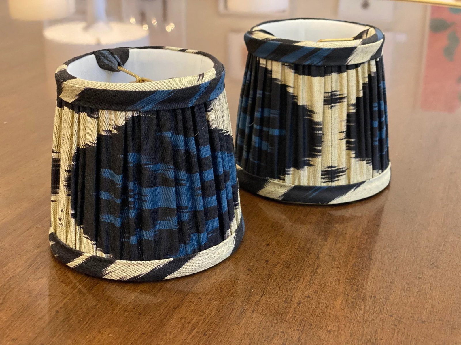 Custom Blue Silk Ikat Abstract Lamp Shades - a Pair - 6