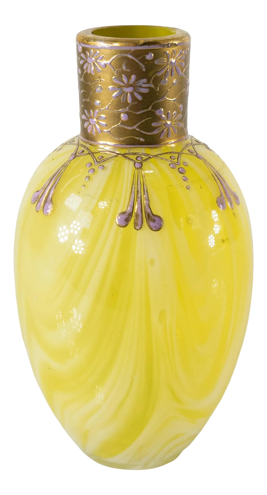 Art Nouveau Enameled Glass Moser-Style Vase: We are selling this beautiful little Art nouveau glass bottle. This small perfume or vase is hand enameled with floral decoration over the swirled yellow and white glass body. The glass is probably Bo