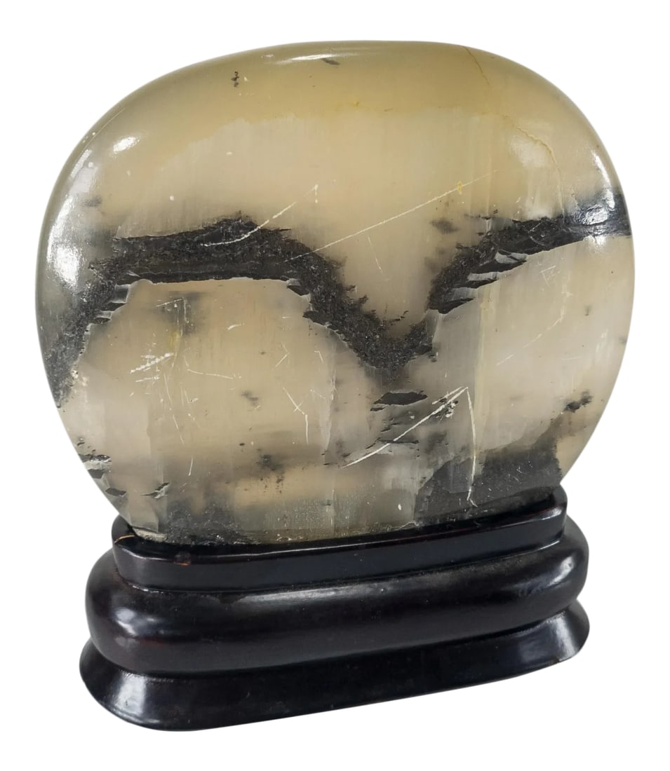 Chinese Agate or Quartz Crystal Dreamstone: We are selling this unusual Chinese crystal stone specimen. Commonly referred to as a dreamstone, this agate or quartz stone has gray inclusions that make it look like a village or mountainous