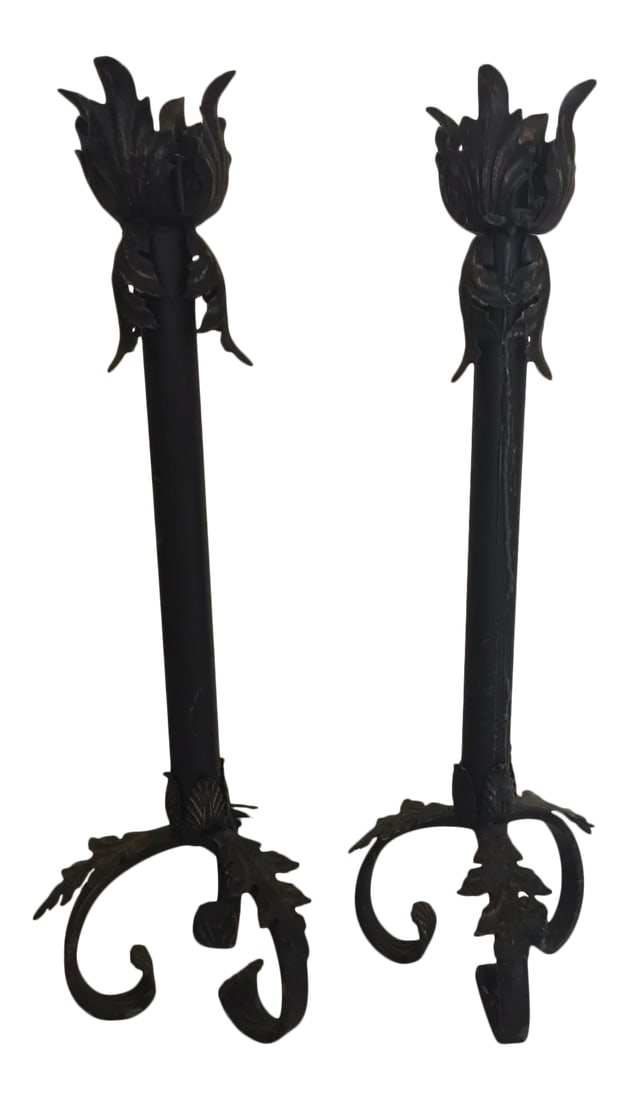 Vintage Mid 20th Century Spanish Wrought Iron Candlesticks - a Pair (1 of 9)