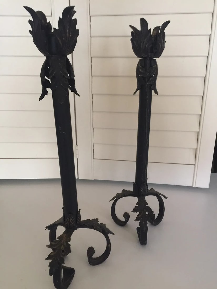 Vintage Mid 20th Century Spanish Wrought Iron Candlesticks - a Pair - 3
