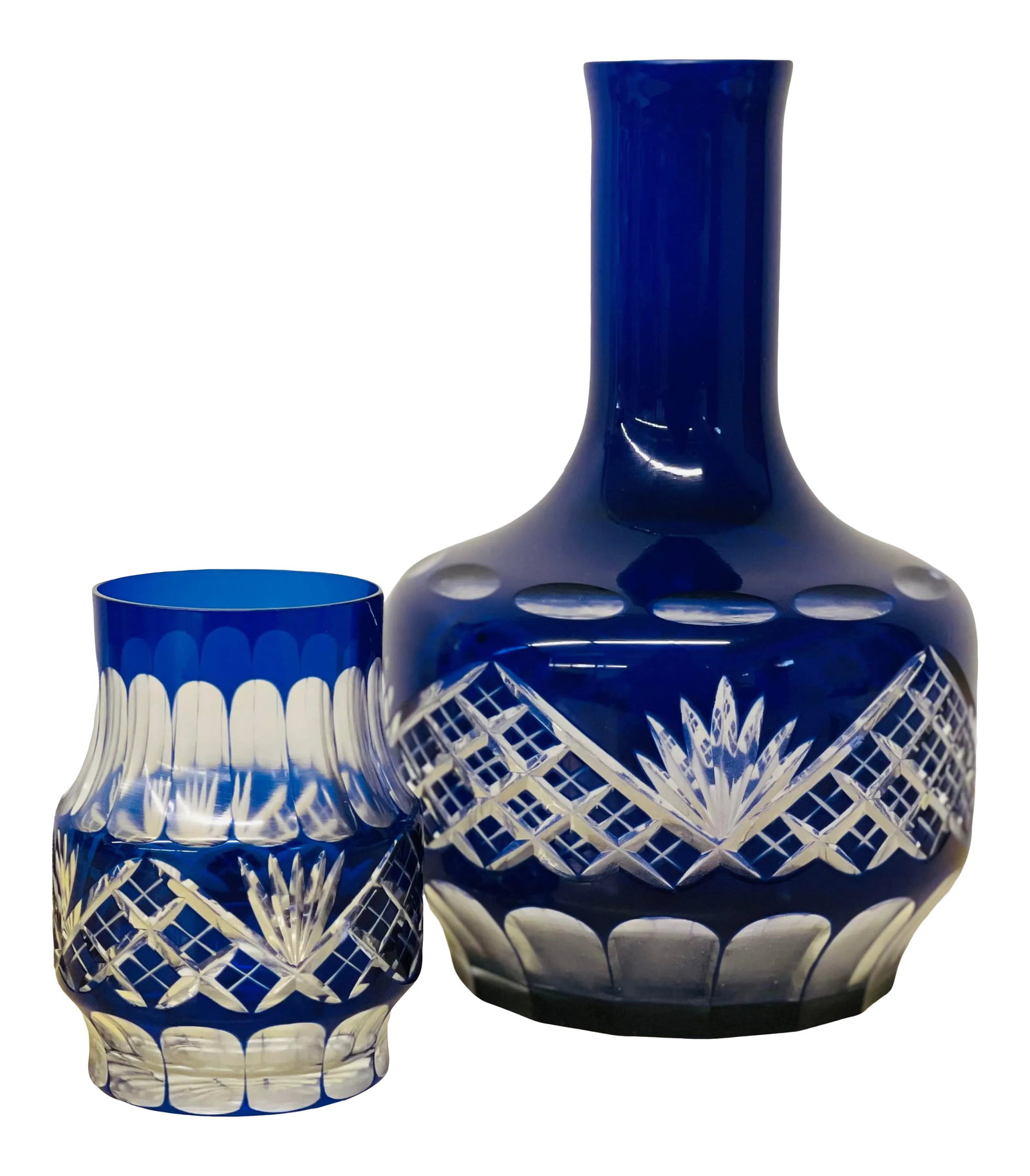 Vintage Mid-Century Hungarian Crystal Cobalt Blue Decanter & Glass Set - 2 Pieces: Stunning Rare Vintage Hungarian Crystal Cobalt Blue Decanter with Glass. Perfect vintage condition! The "Faberge" Pattern is very hard to find. Glass sits on top of decanter as pictured. Beautiful